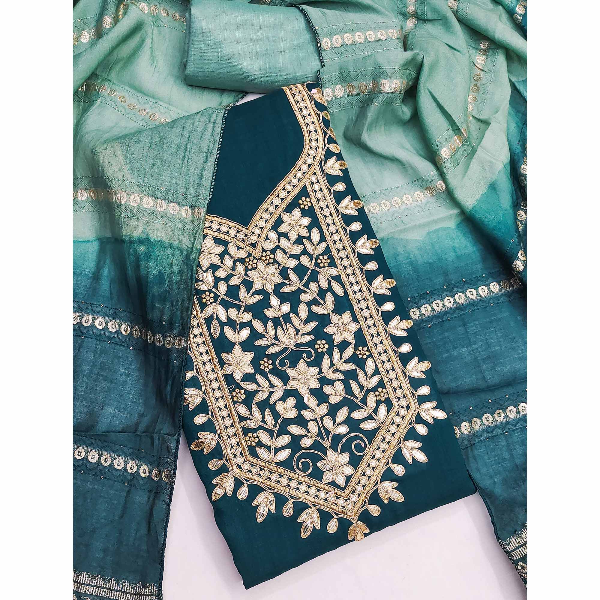 Morpich Blue Vichitra Silk Dress Material With Exquisite Floral Embroidery & Gota Patti Accents - Image 3