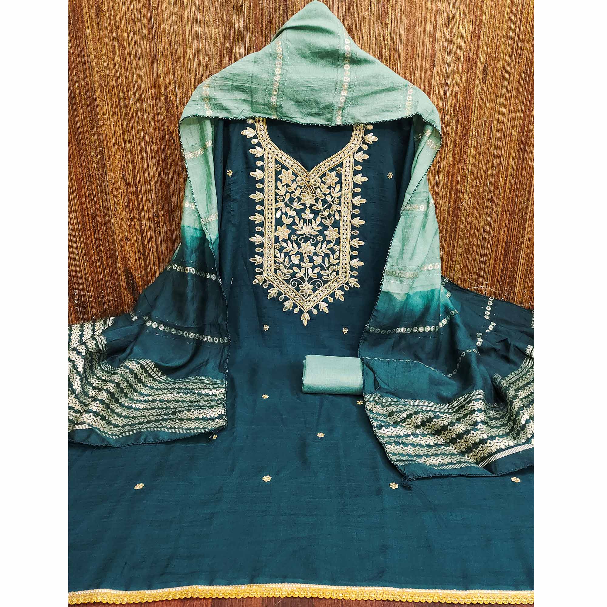 Morpich Blue Vichitra Silk Dress Material With Exquisite Floral Embroidery & Gota Patti Accents - Image 4