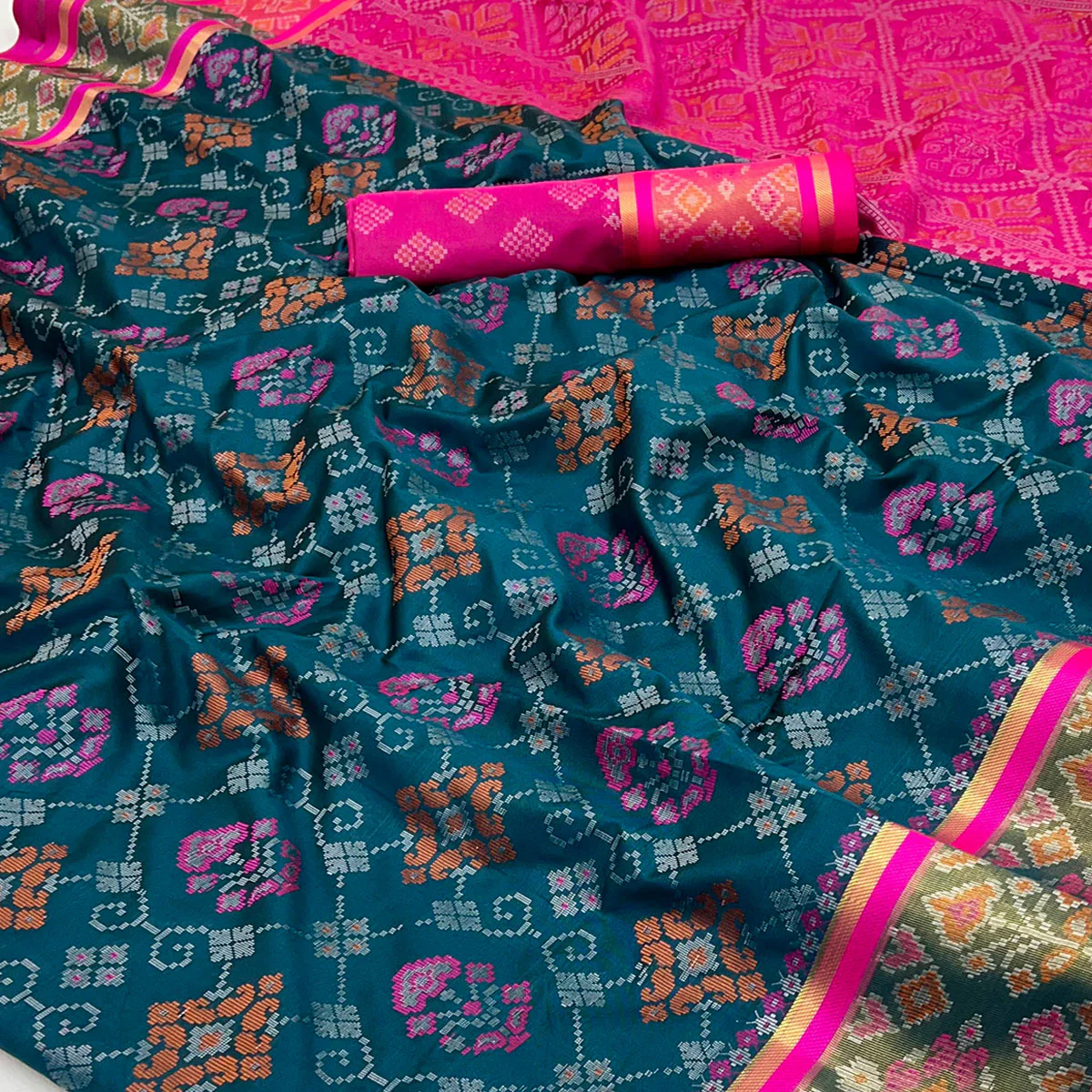 Morpich Blue Woven Art Silk Patola Saree - Image 2