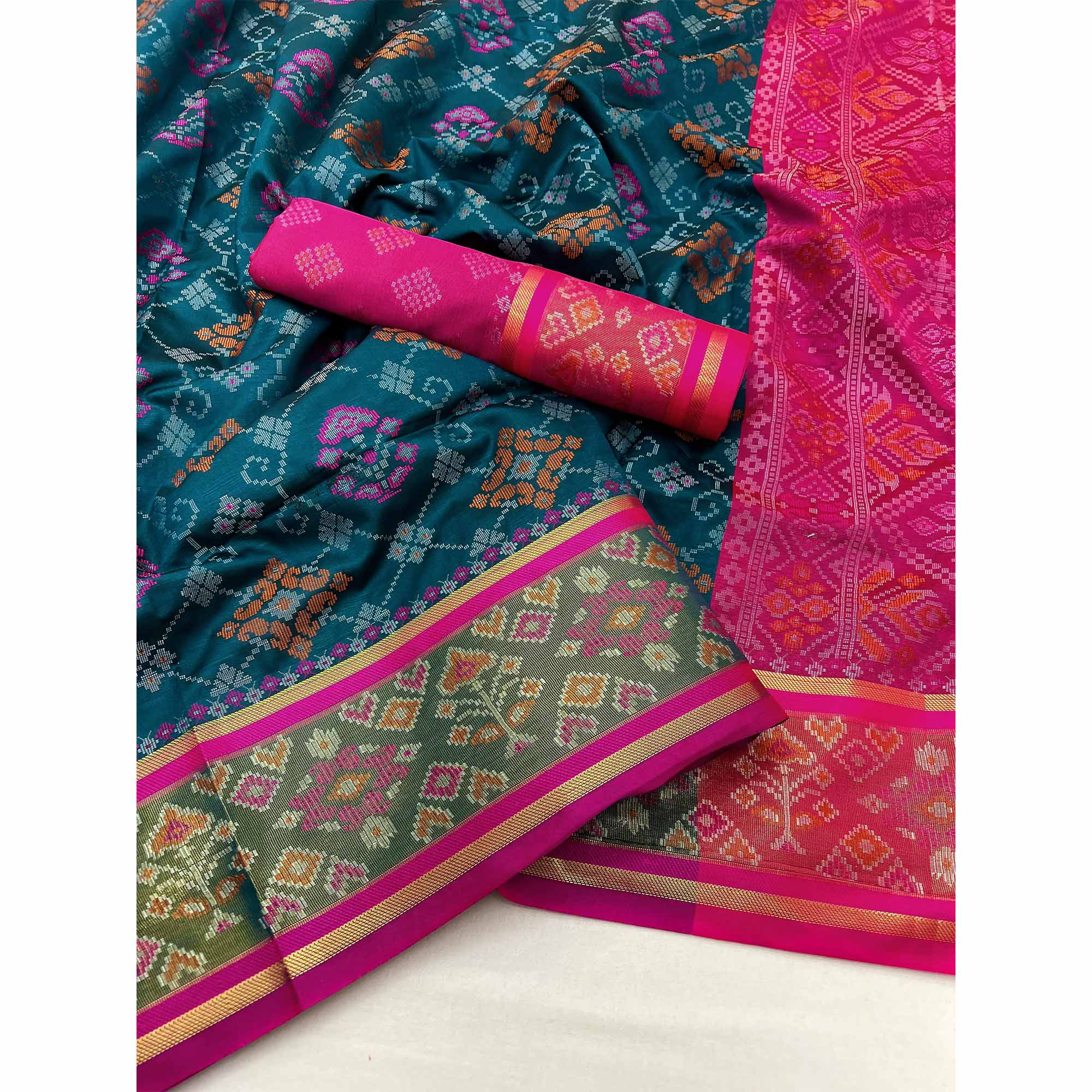Morpich Blue Woven Art Silk Patola Saree - Image 3