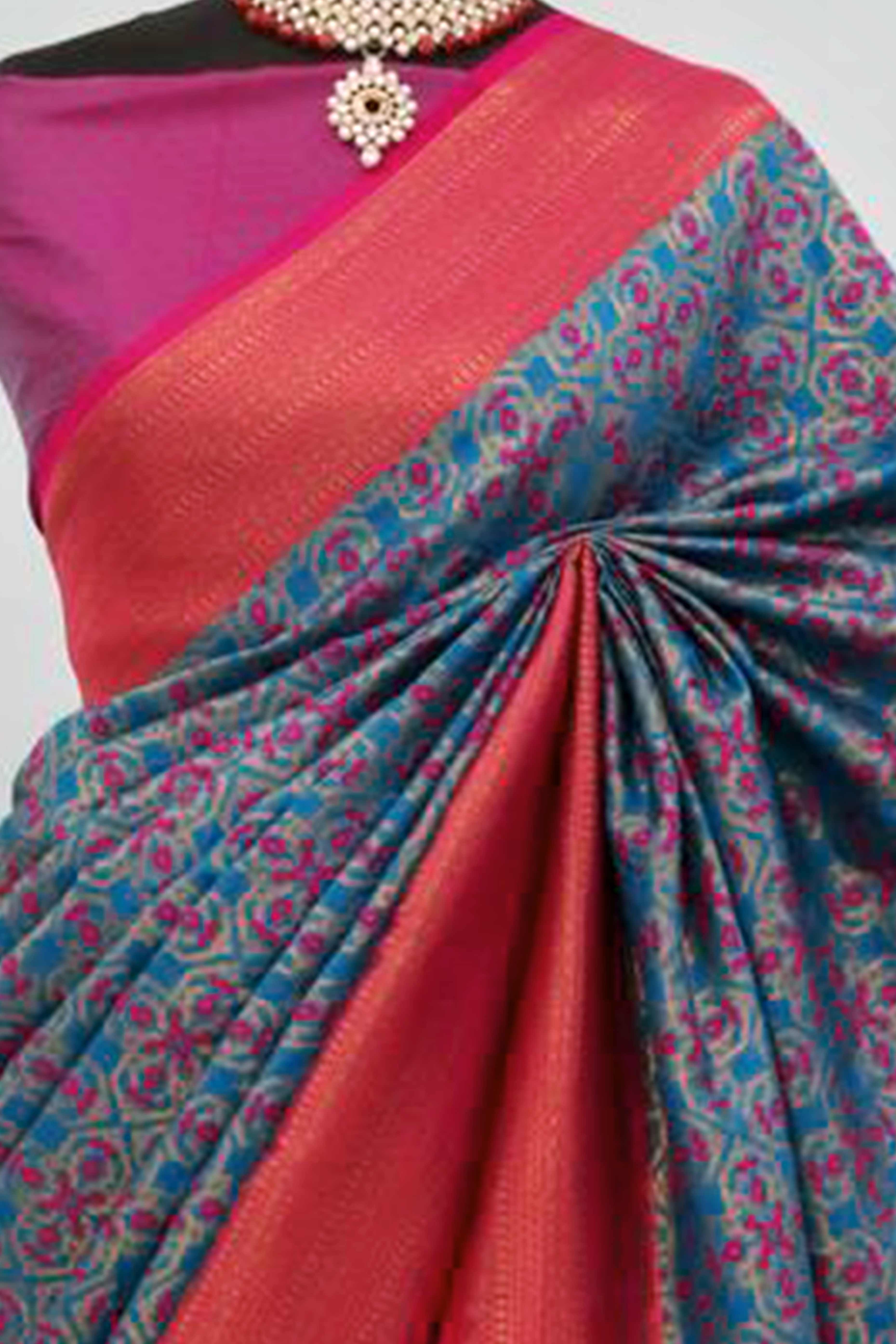 Morpich Blue Zari Woven With Butti Work Banarasi Silk Saree - Image 2