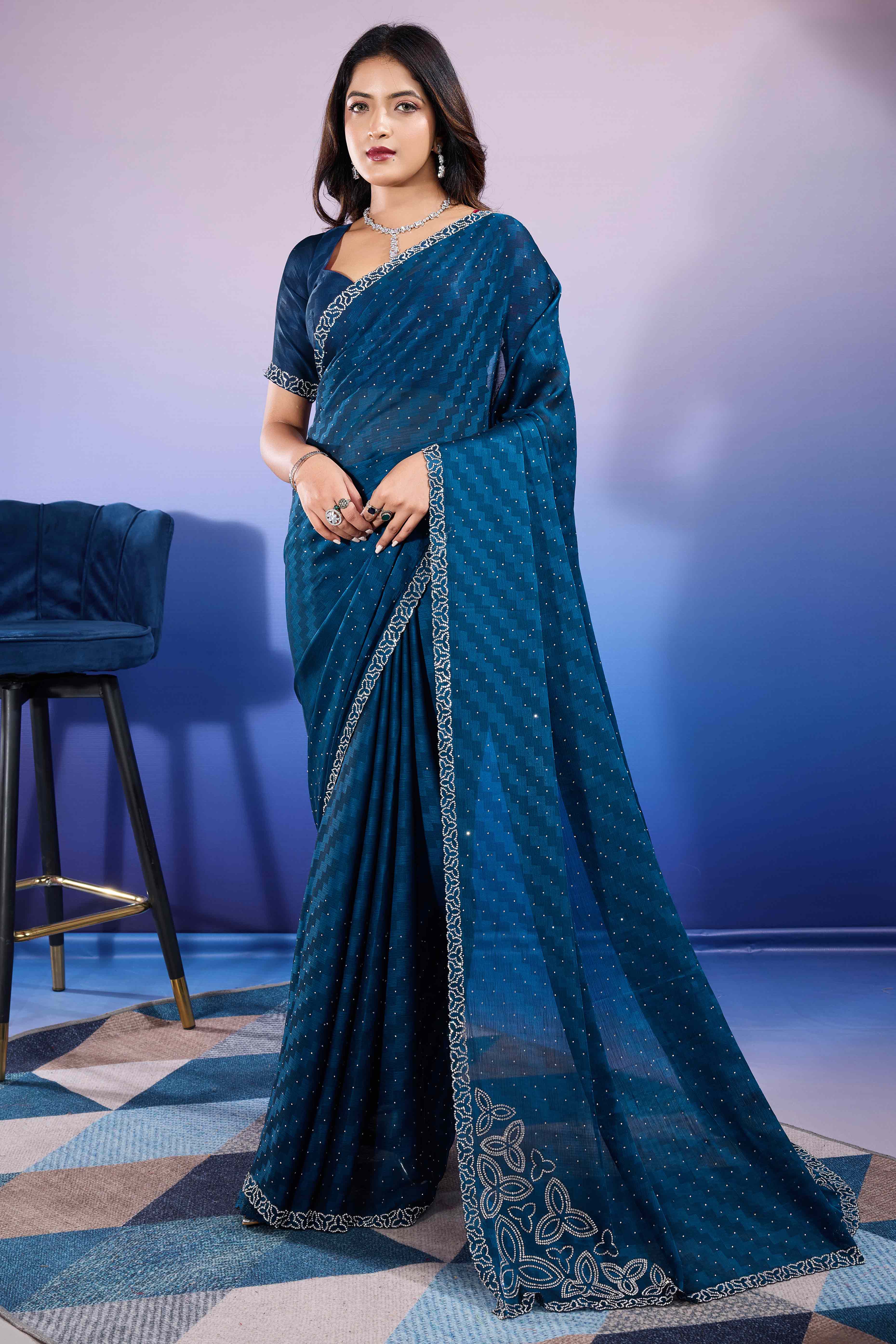 Morpich Diamond Zarkan Handwork Satin Chiffon Saree - Image 3