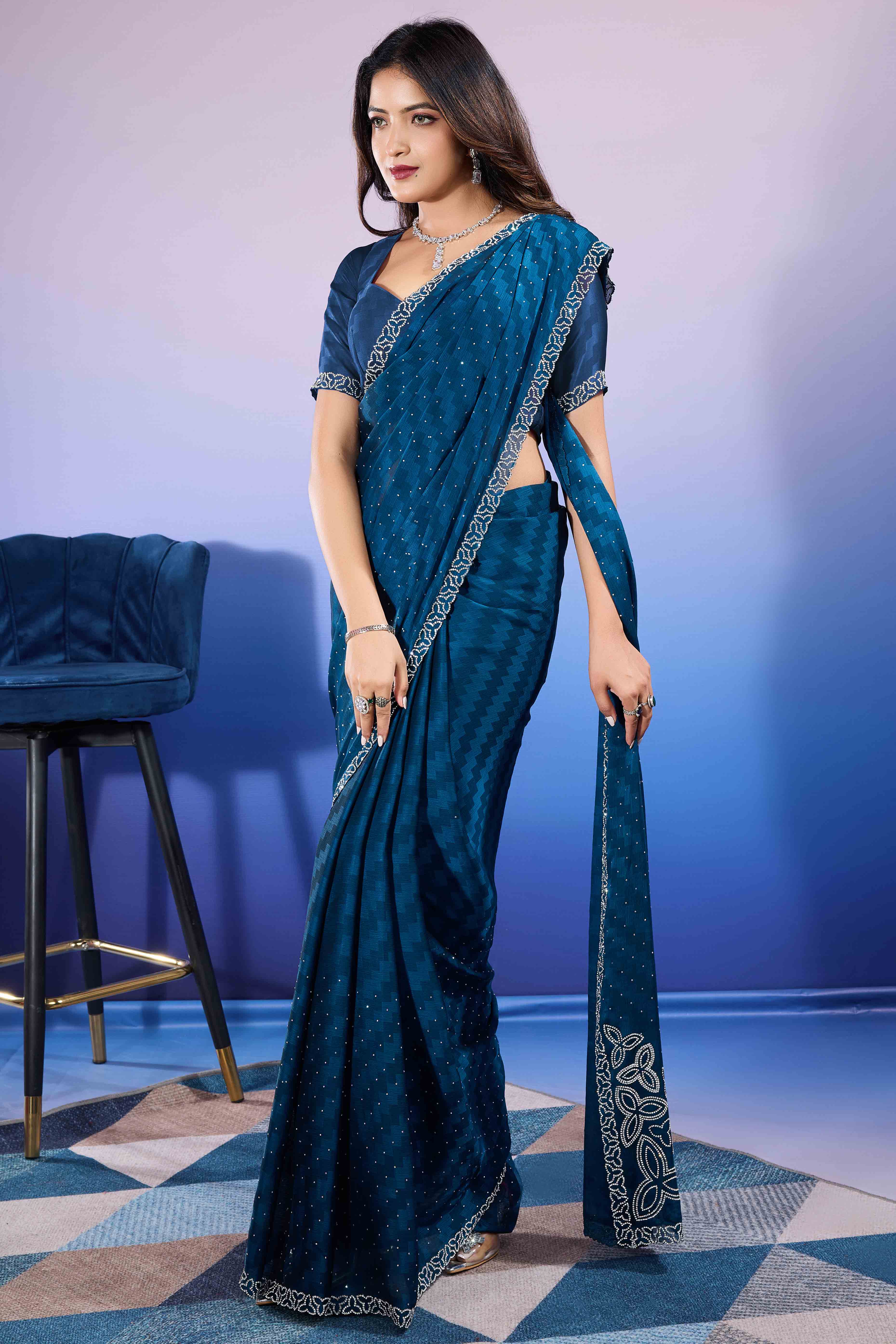 Morpich Diamond Zarkan Handwork Satin Chiffon Saree - Image 4