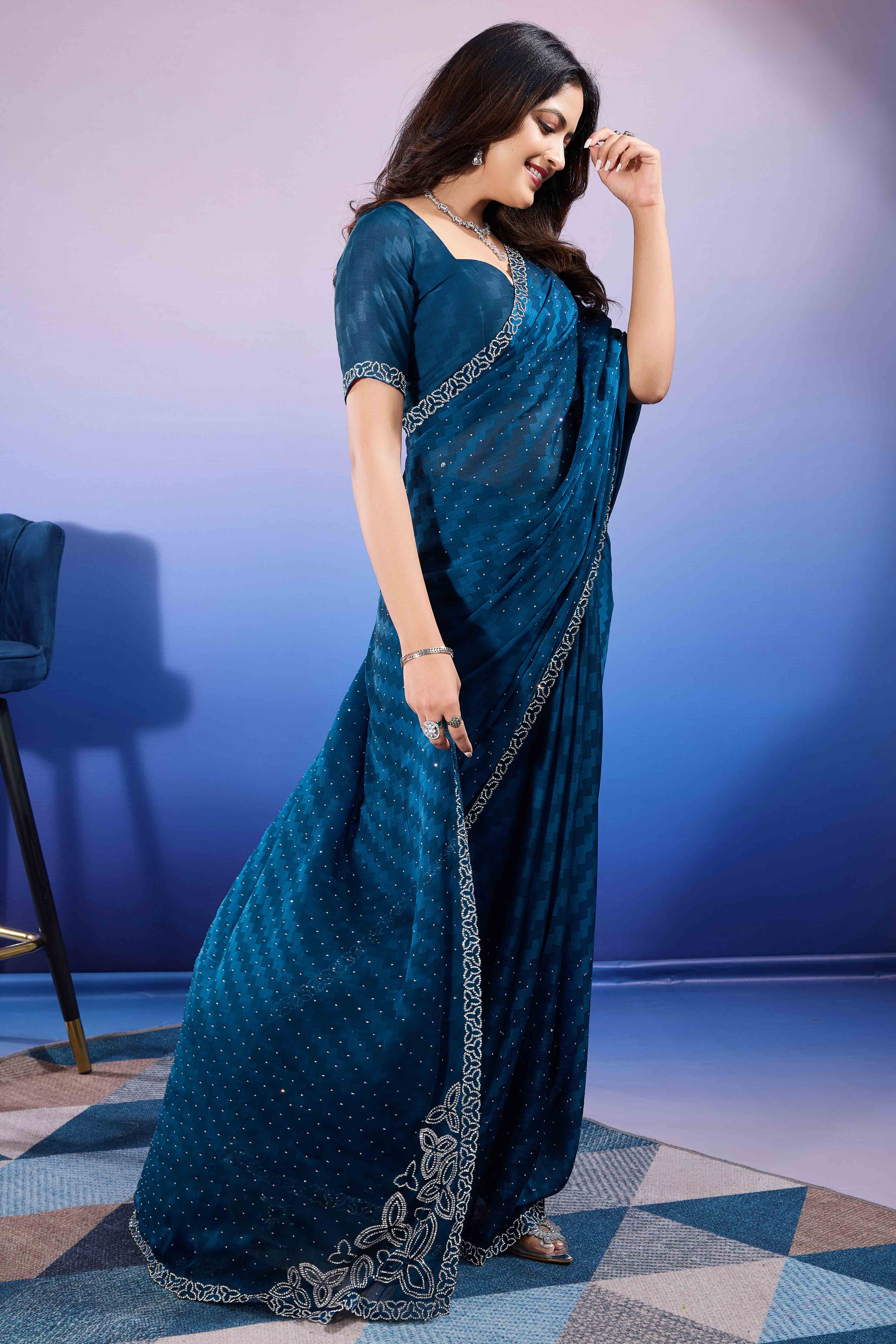 Morpich Diamond Zarkan Handwork Satin Chiffon Saree - Image 5