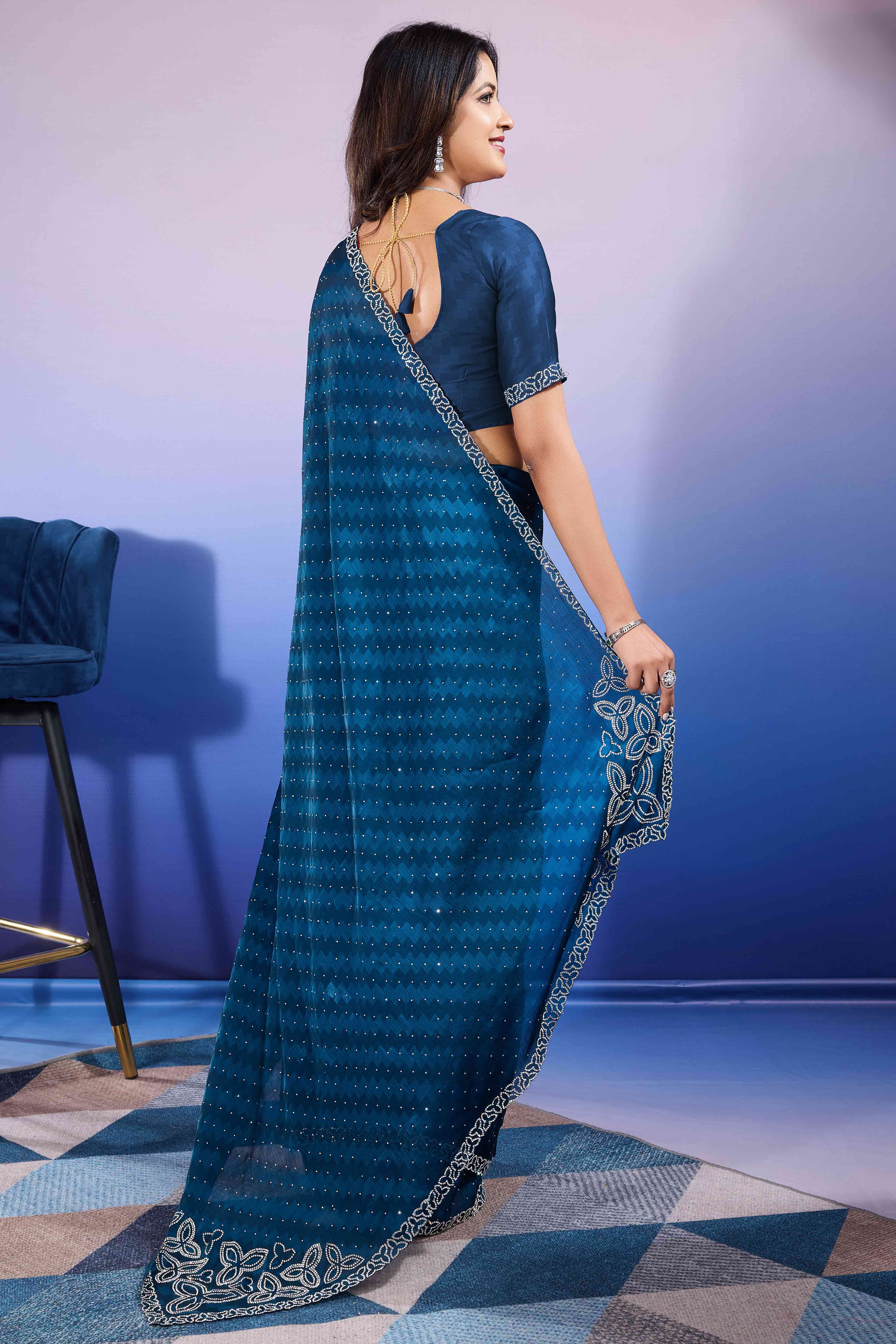 Morpich Diamond Zarkan Handwork Satin Chiffon Saree - Image 6