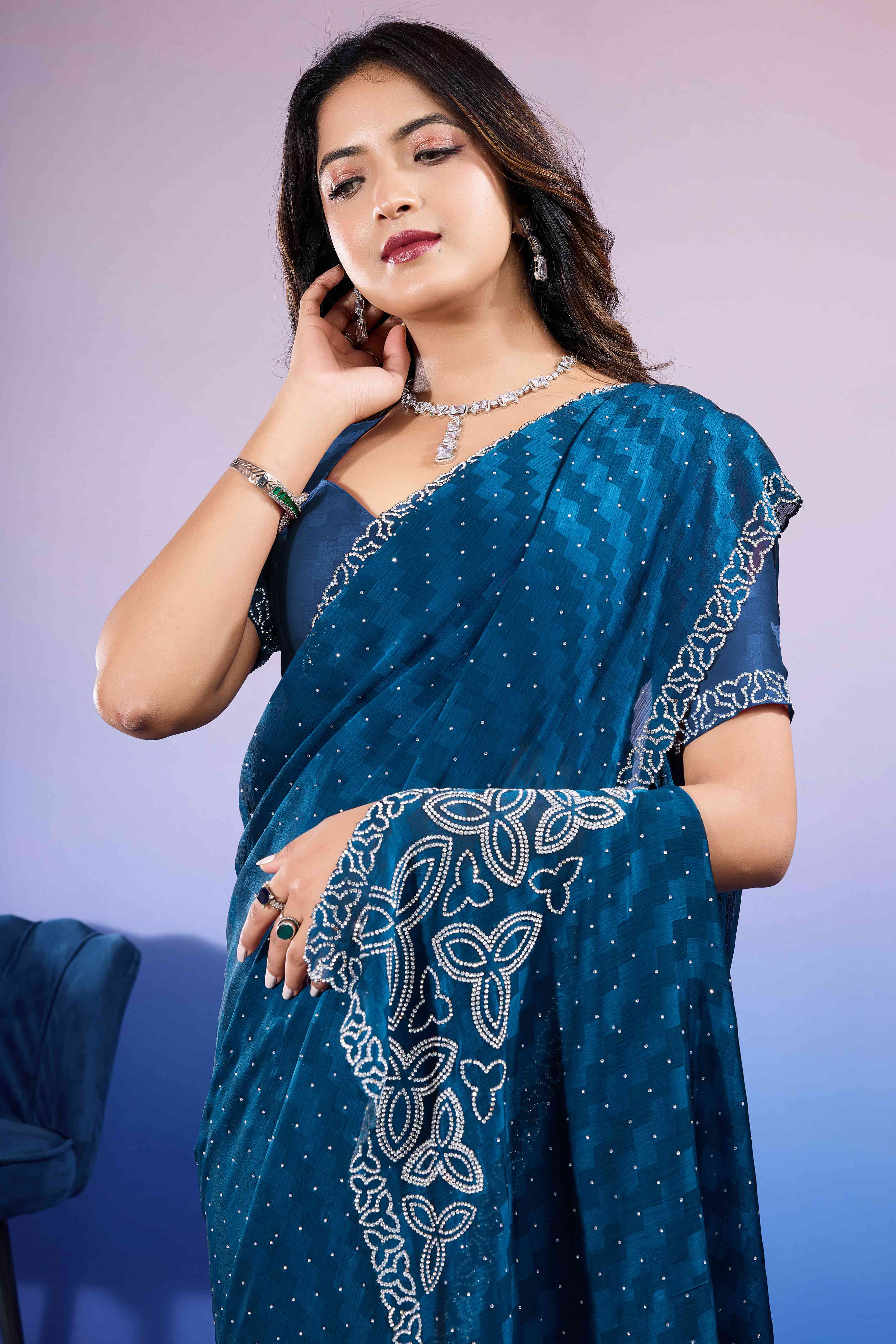 Morpich Diamond Zarkan Handwork Satin Chiffon Saree - Image 7