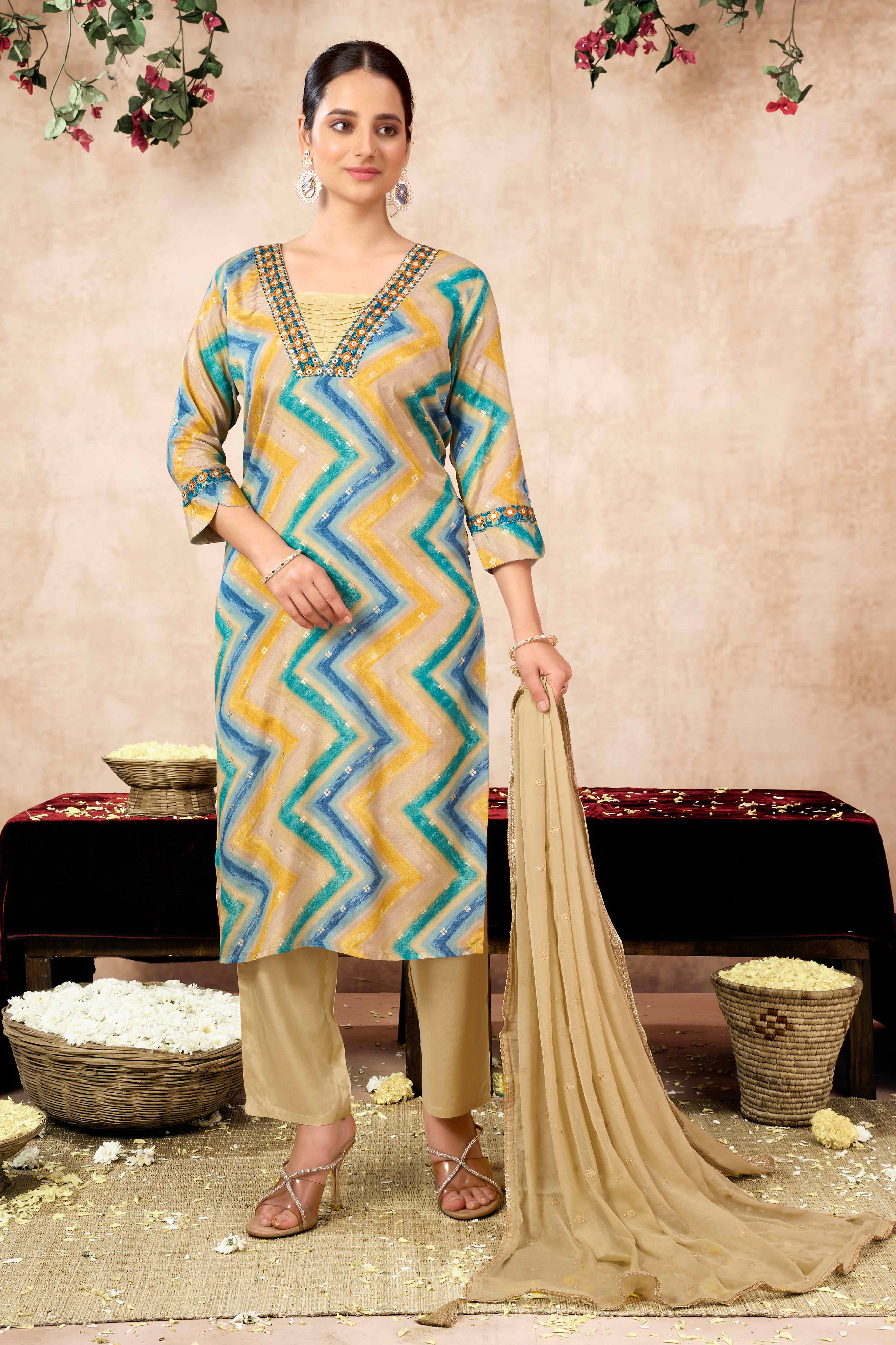 Morpich Embroidery With Printed Muslin Straight Salwar Suit - Image 3