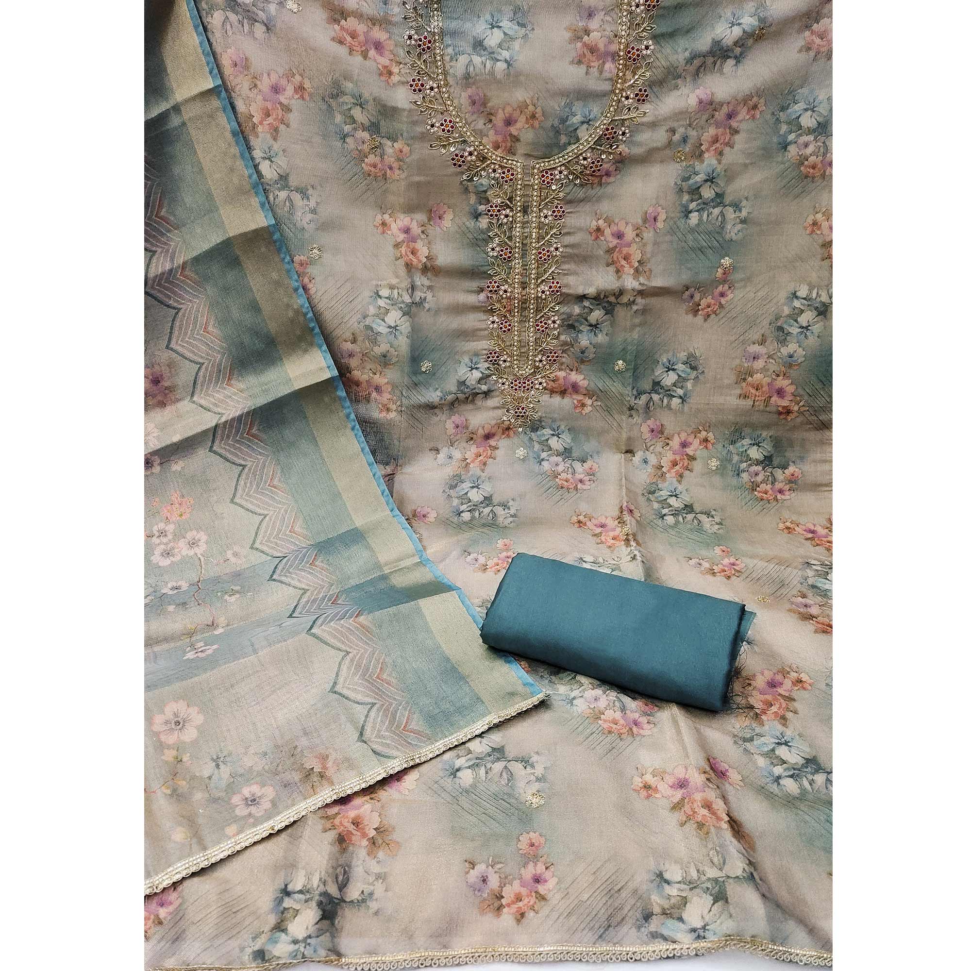 Morpich Floral Digital Printed With Handwork Viscose Dress Material - Image 4