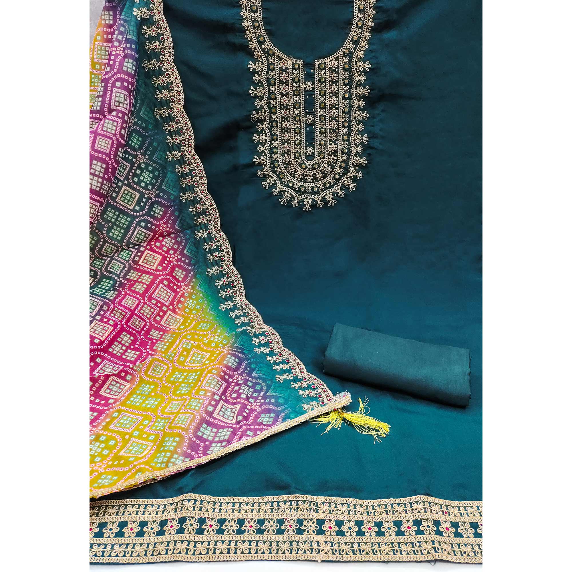 Morpich Floral Embroidery With Stonework Roman Cotton Silk Dress Material - Image 4