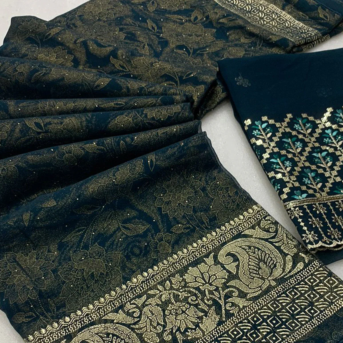 Morpich Floral Foil Printed Georgette Saree With Tassels - Image 2