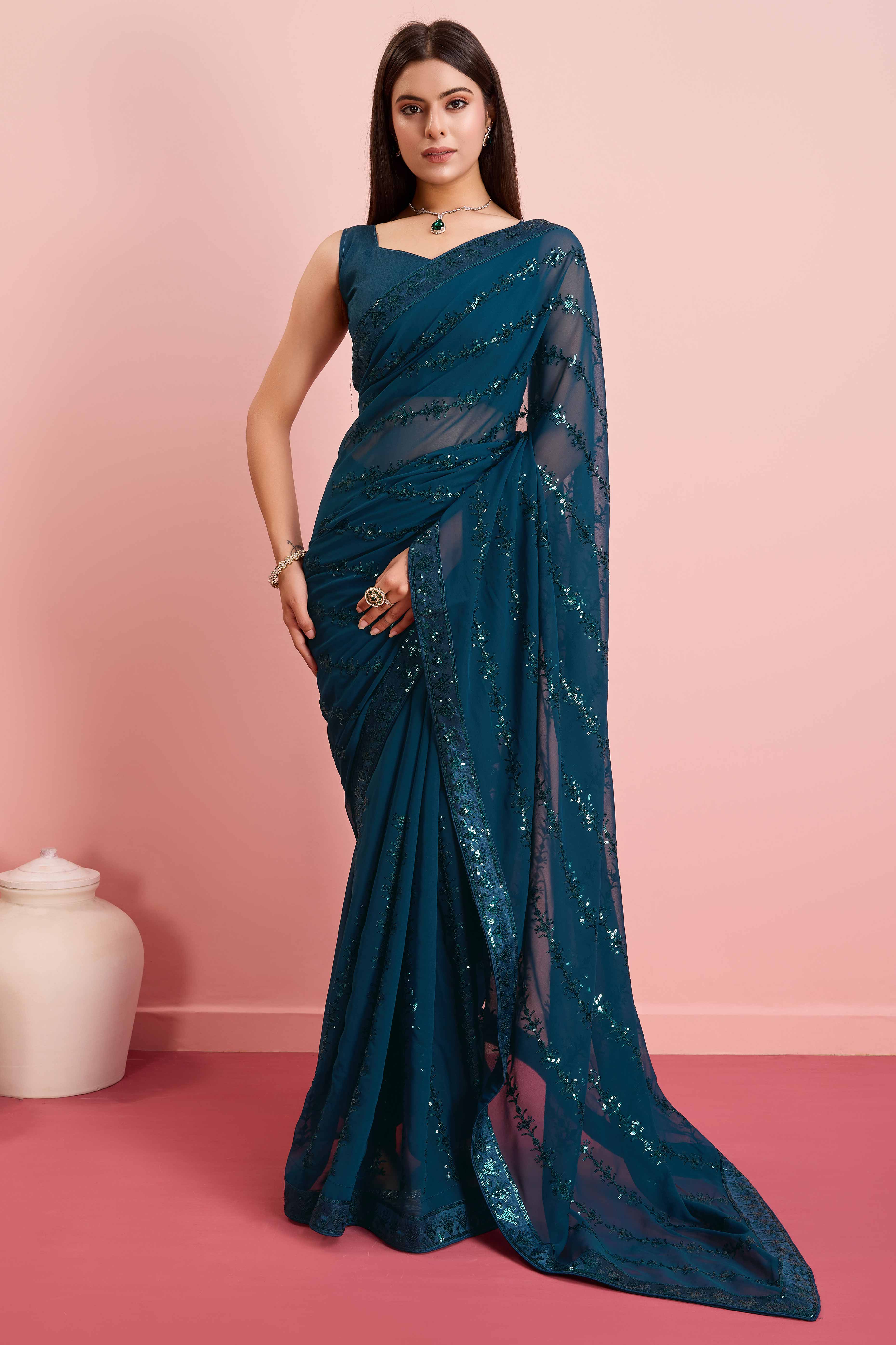 Morpich Floral Sequins Embroidered Georgette Saree - Image 3