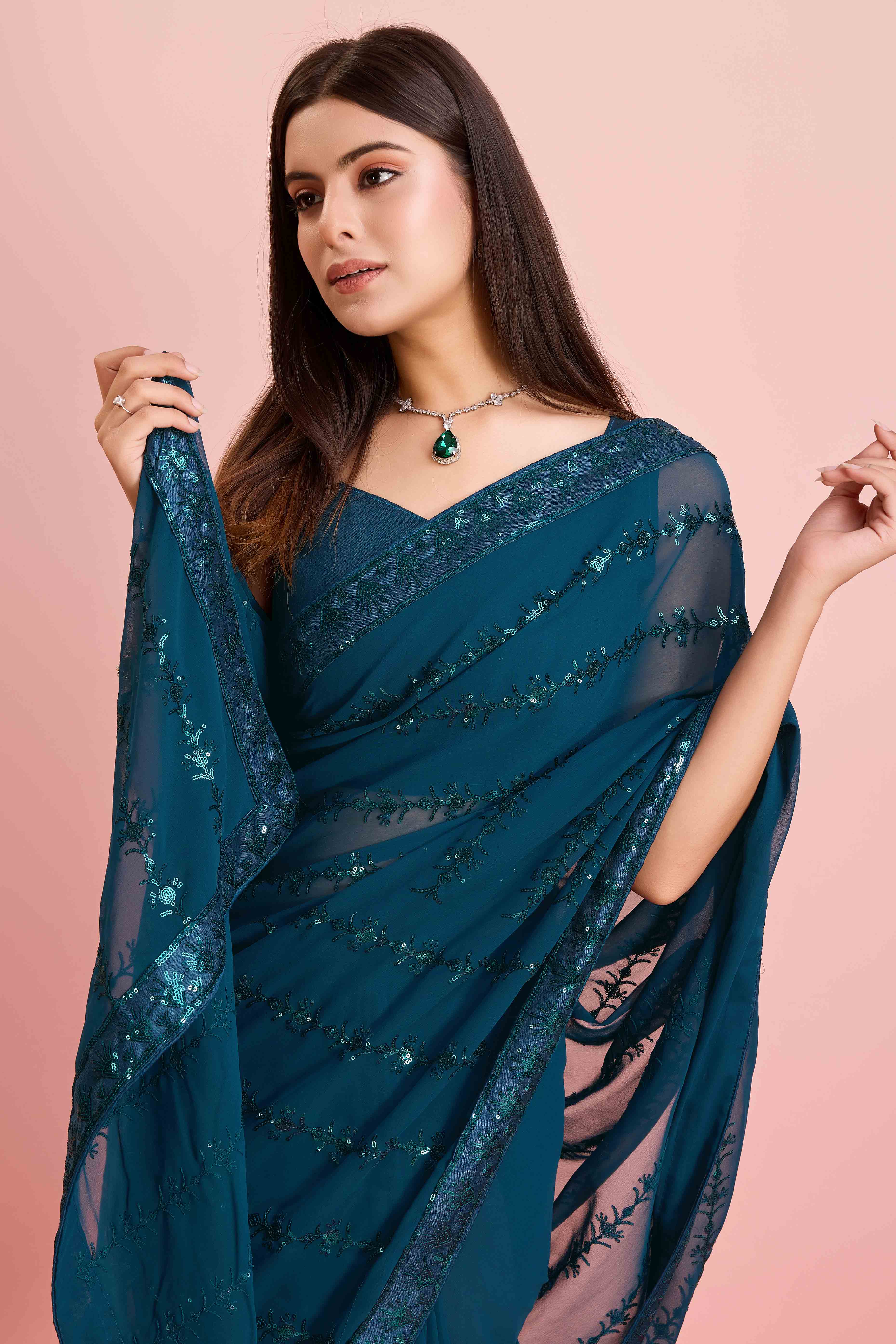 Morpich Floral Sequins Embroidered Georgette Saree - Image 6