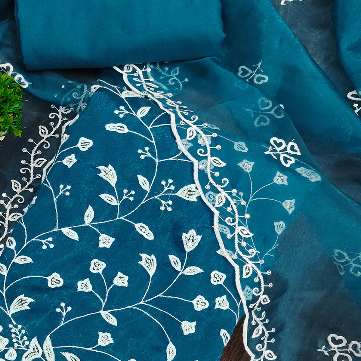 Morpich Floral Sequins Embroidered Organza Dress Material - Image 2