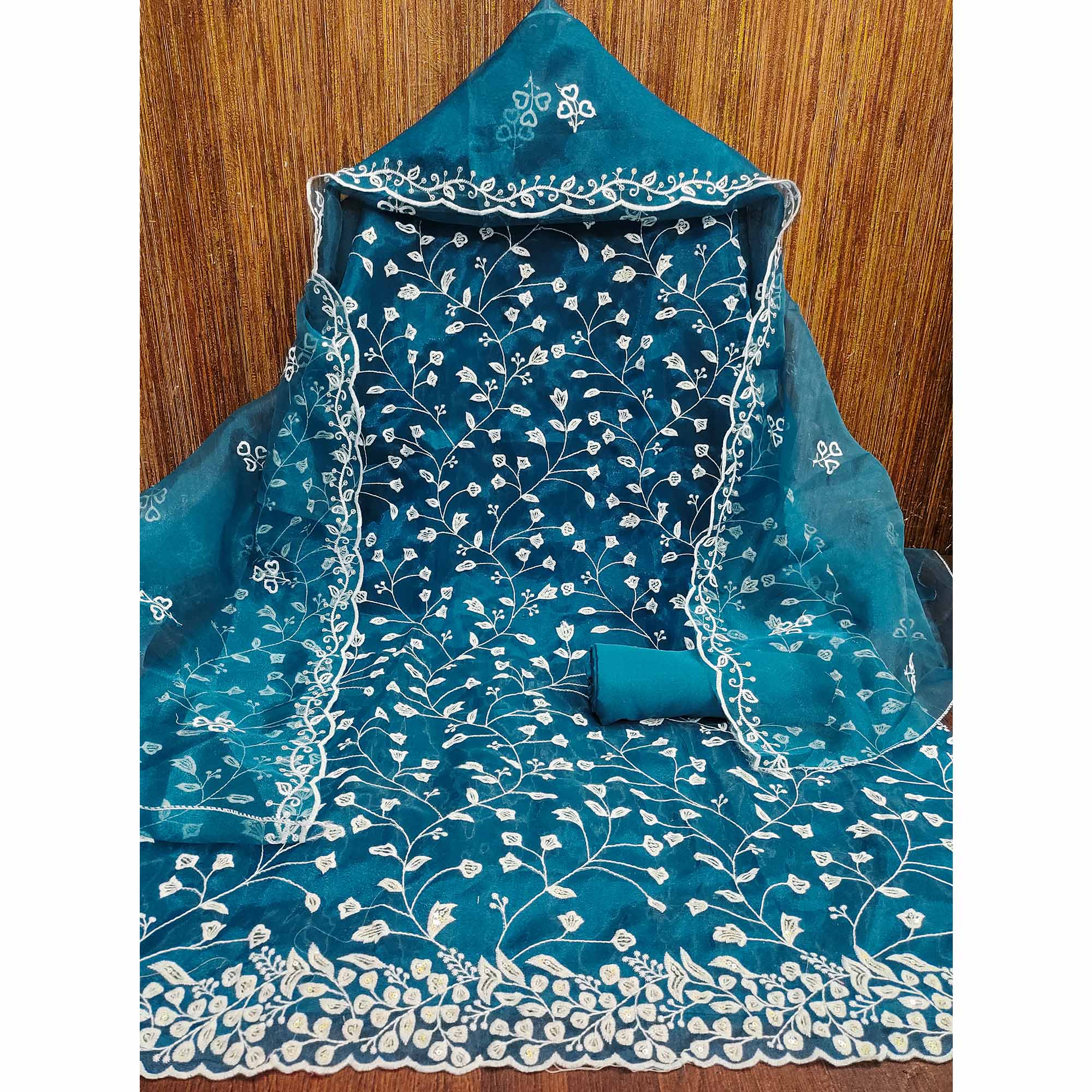 Morpich Floral Sequins Embroidered Organza Dress Material - Image 4
