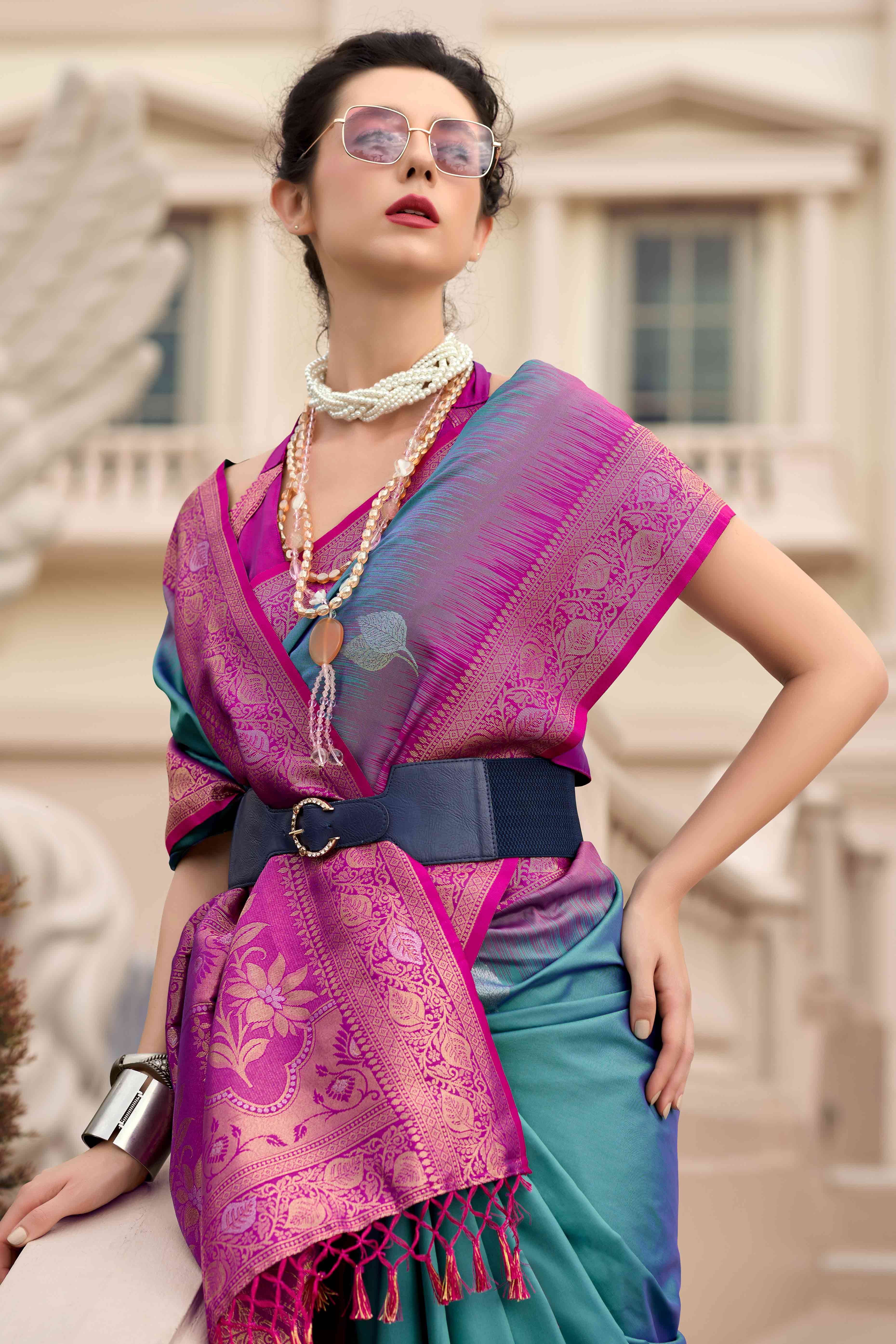 Dusty Teal Zari Weaving Pure Silk Saree - Image 4