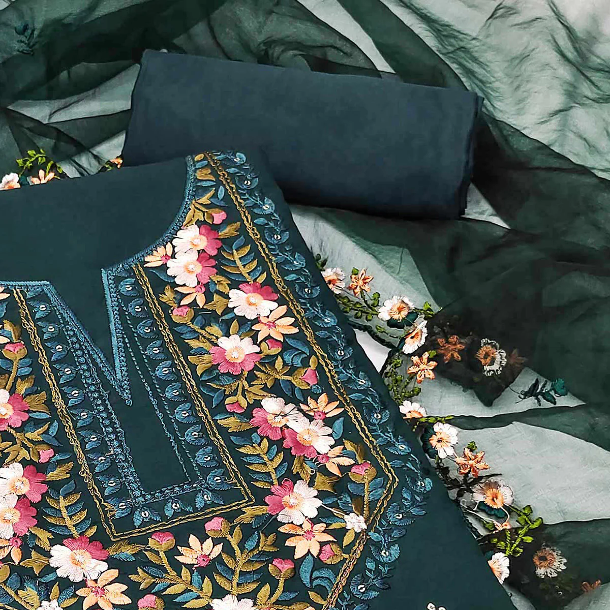 Morpich Green Floral Embroidered Viscose Dress Material - Image 2