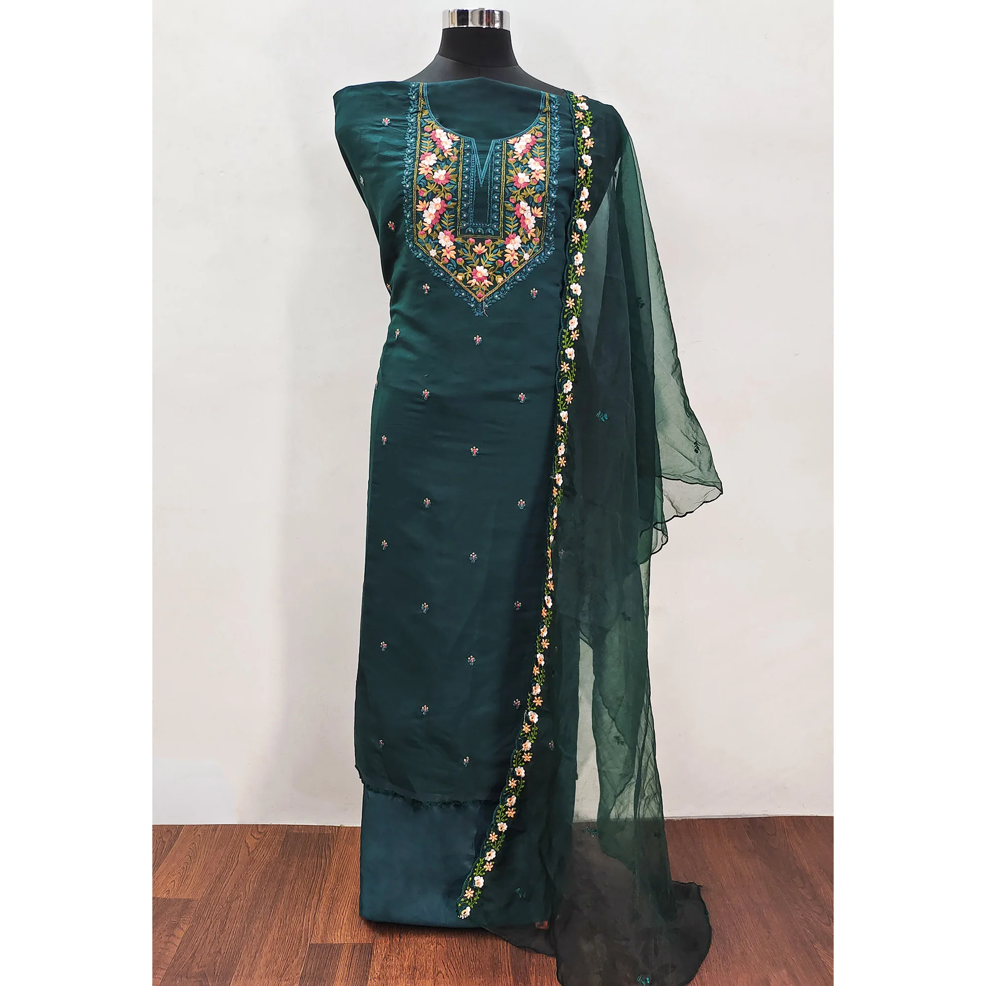 Morpich Green Floral Embroidered Viscose Dress Material - Image 3