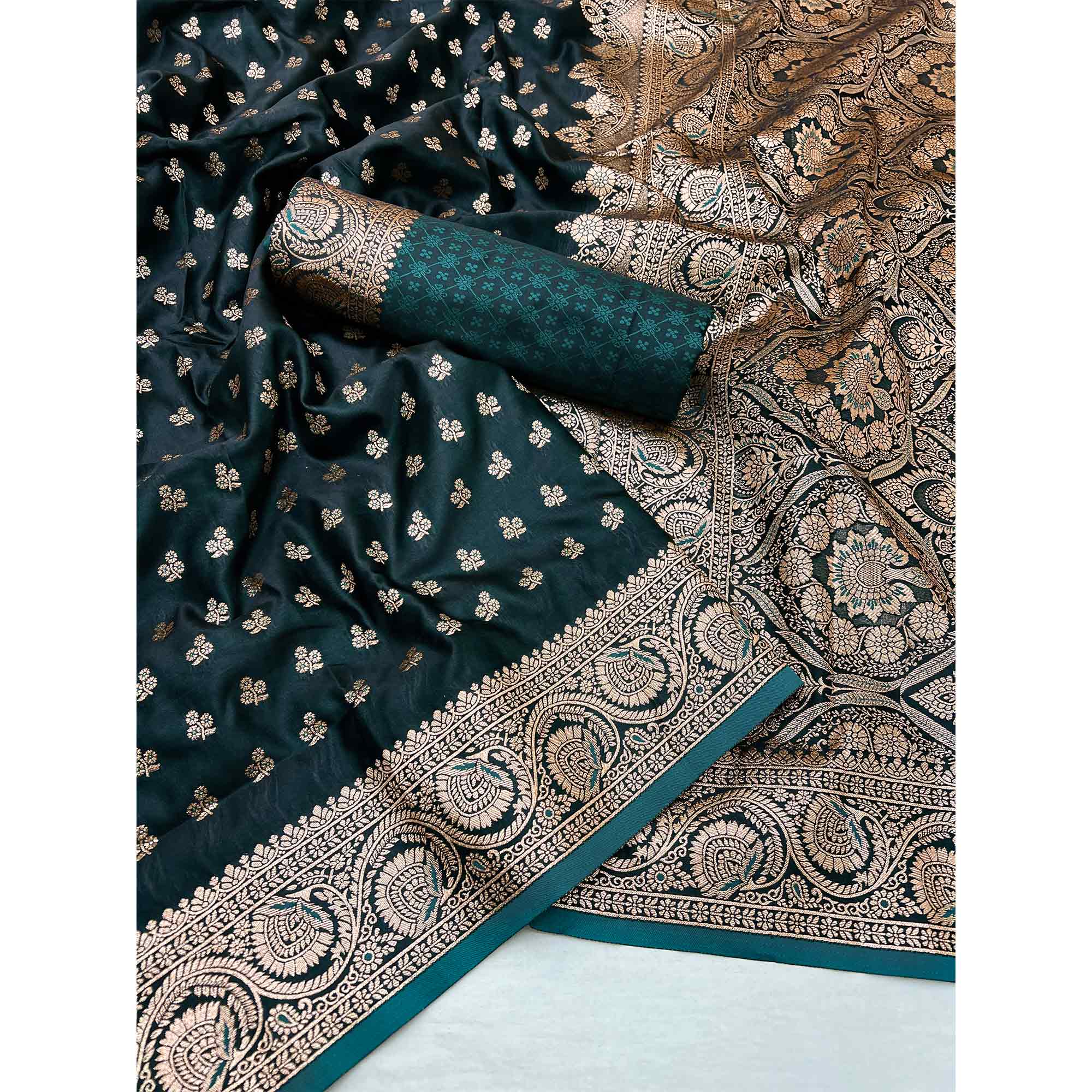 Morpich Green Floral Woven Satin Silk Saree With Zari Border - Image 3