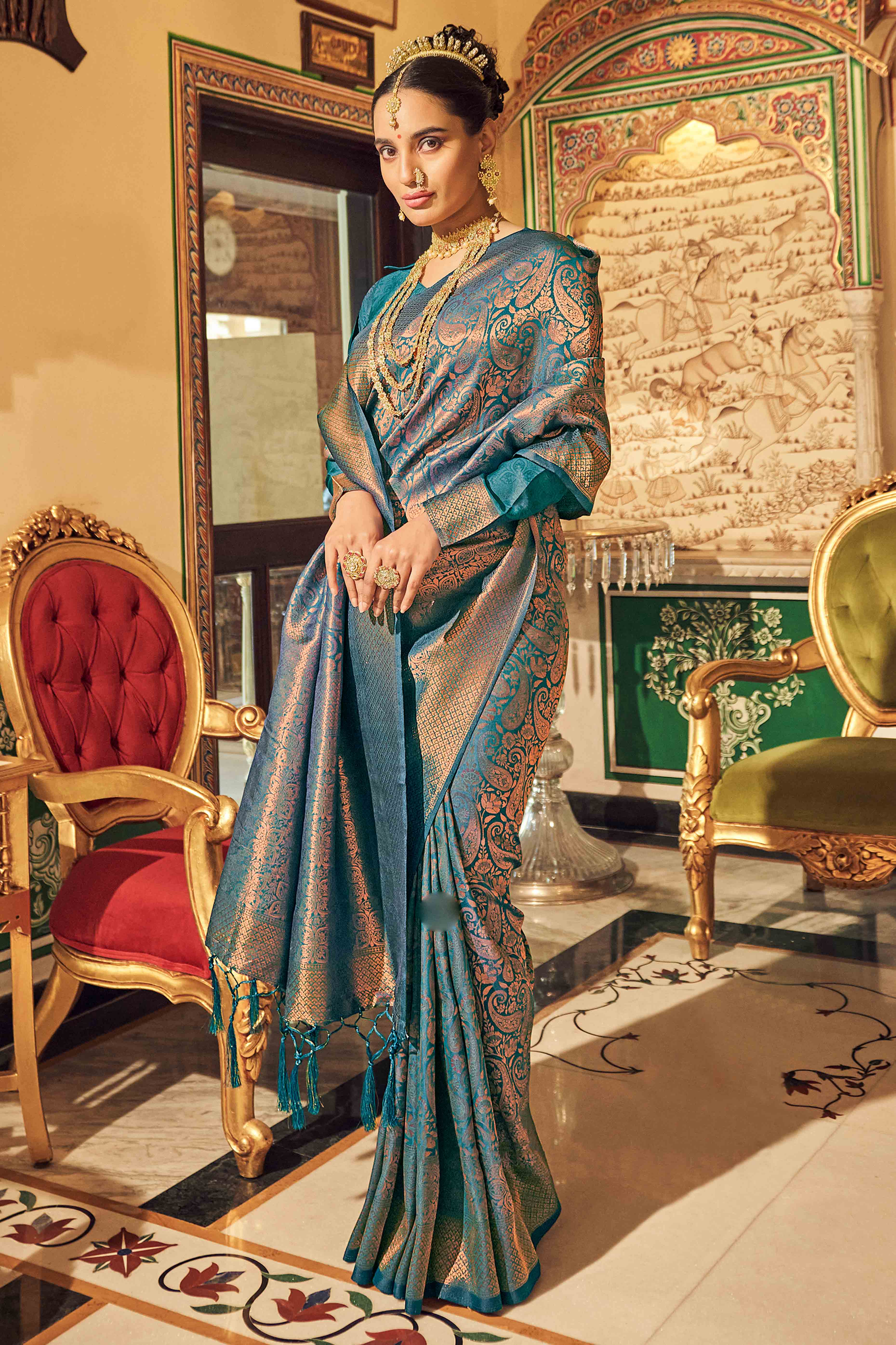 Morpich Green Floral Zari Woven Kanjivaram SIlk Saree - Image 3