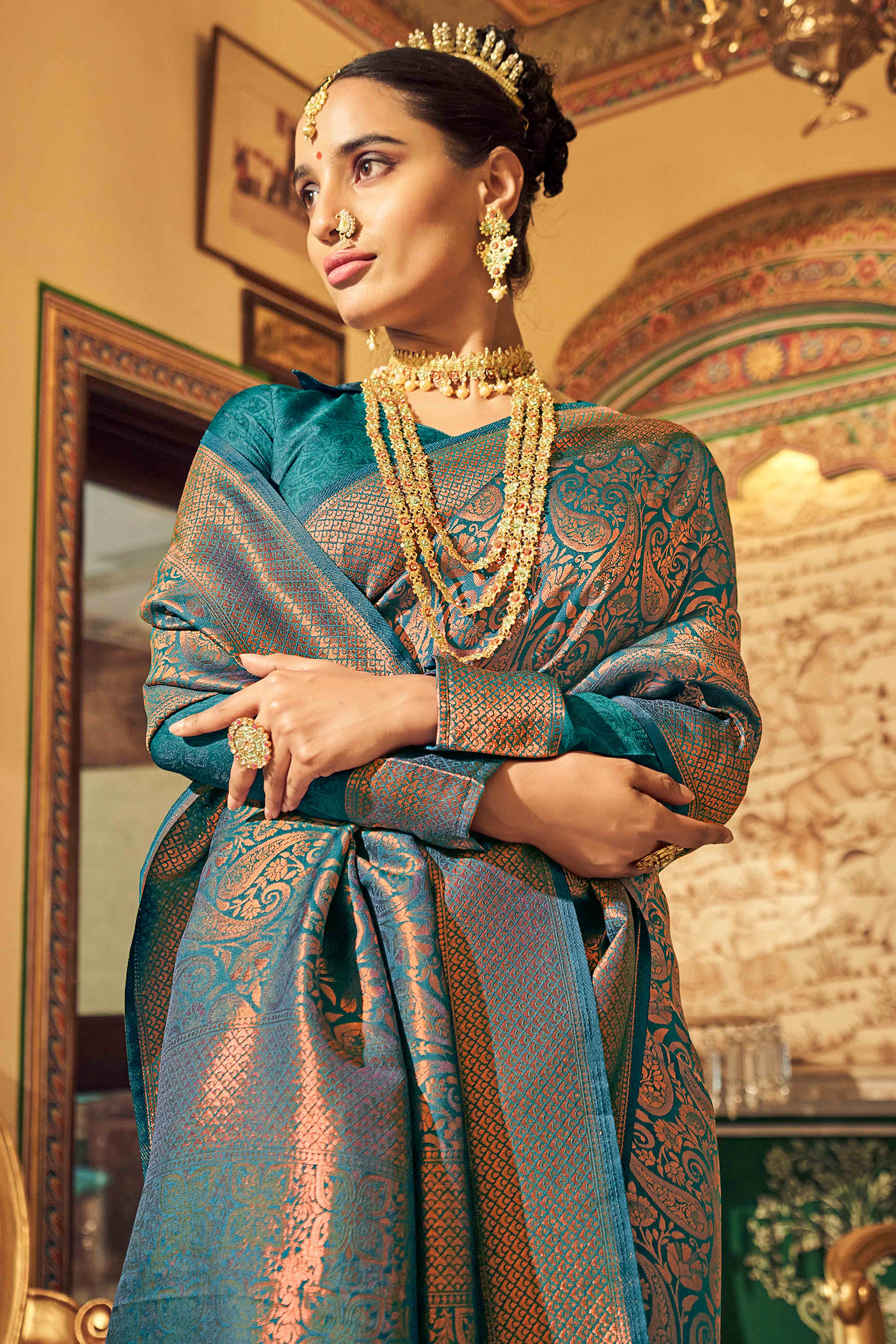 Morpich Green Floral Zari Woven Kanjivaram SIlk Saree - Image 4