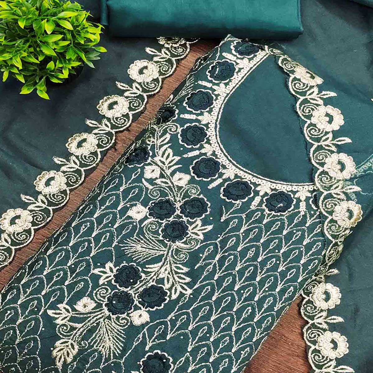 Morpich Green Georgette Dress Material Decorated with Artistic Thread Embroidery Designs - Image 2
