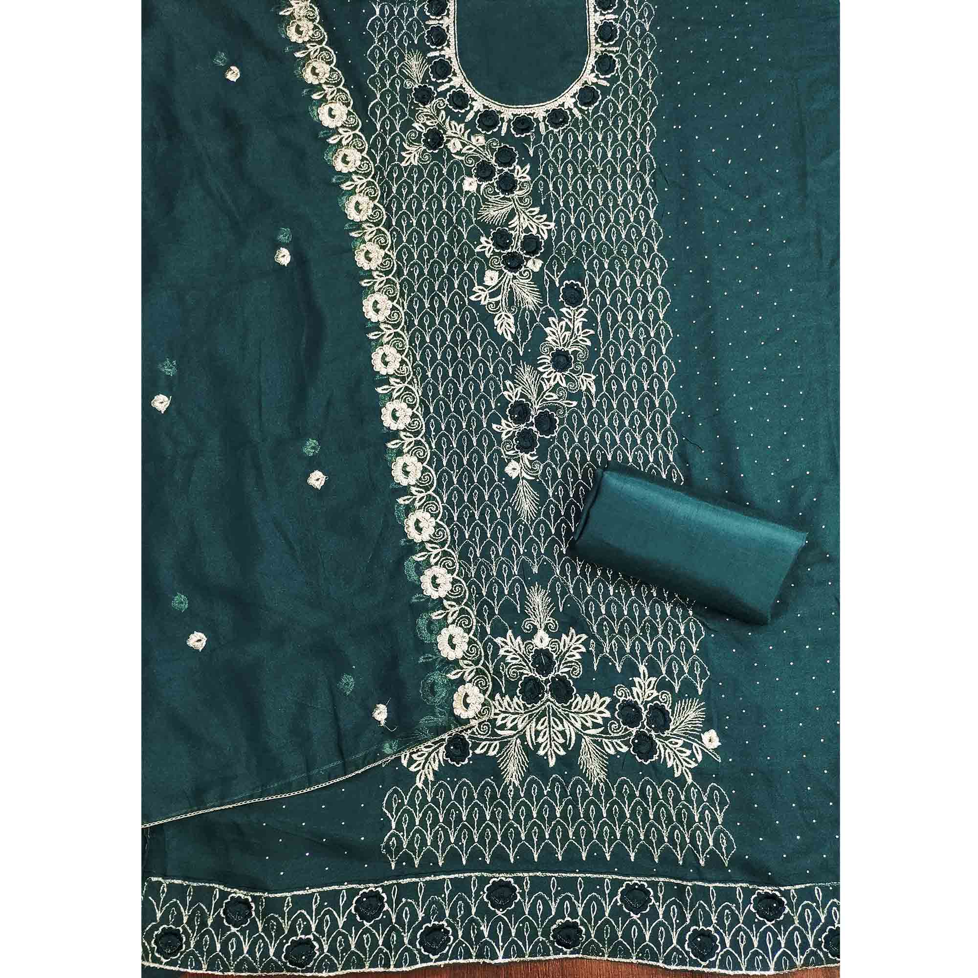 Morpich Green Georgette Dress Material Decorated with Artistic Thread Embroidery Designs - Image 3