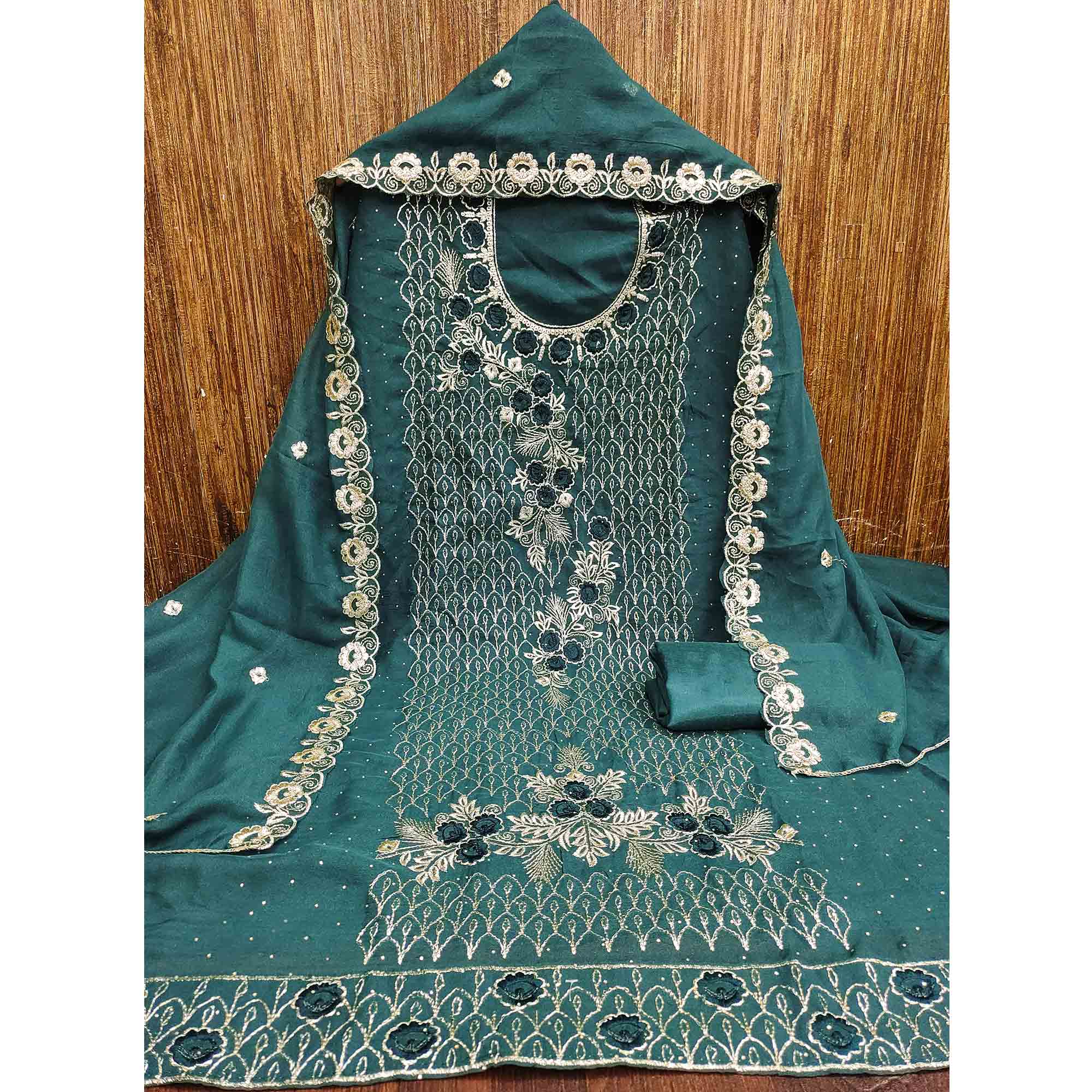 Morpich Green Georgette Dress Material Decorated with Artistic Thread Embroidery Designs - Image 4