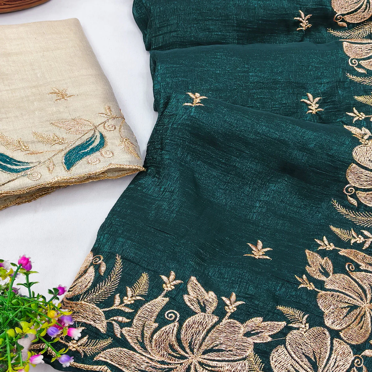 Morpich Green Golden Thread Embroidered Chiffon Saree for Elegant Evening & Celebration Styling - Image 2