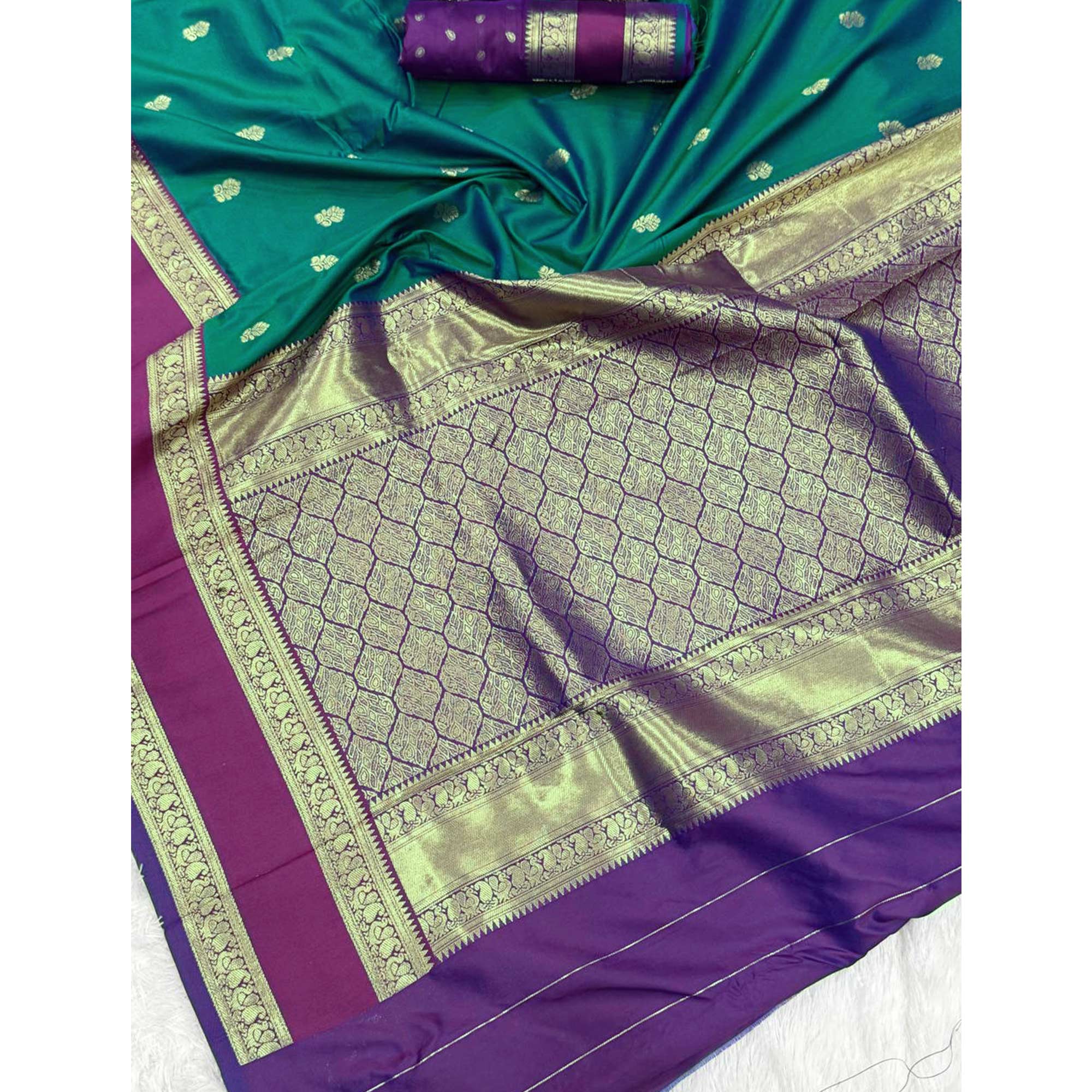 Morpich Green Luxurious Kanjivaram Silk Saree Featuring Ornate Zari Butti Motifs - Image 5