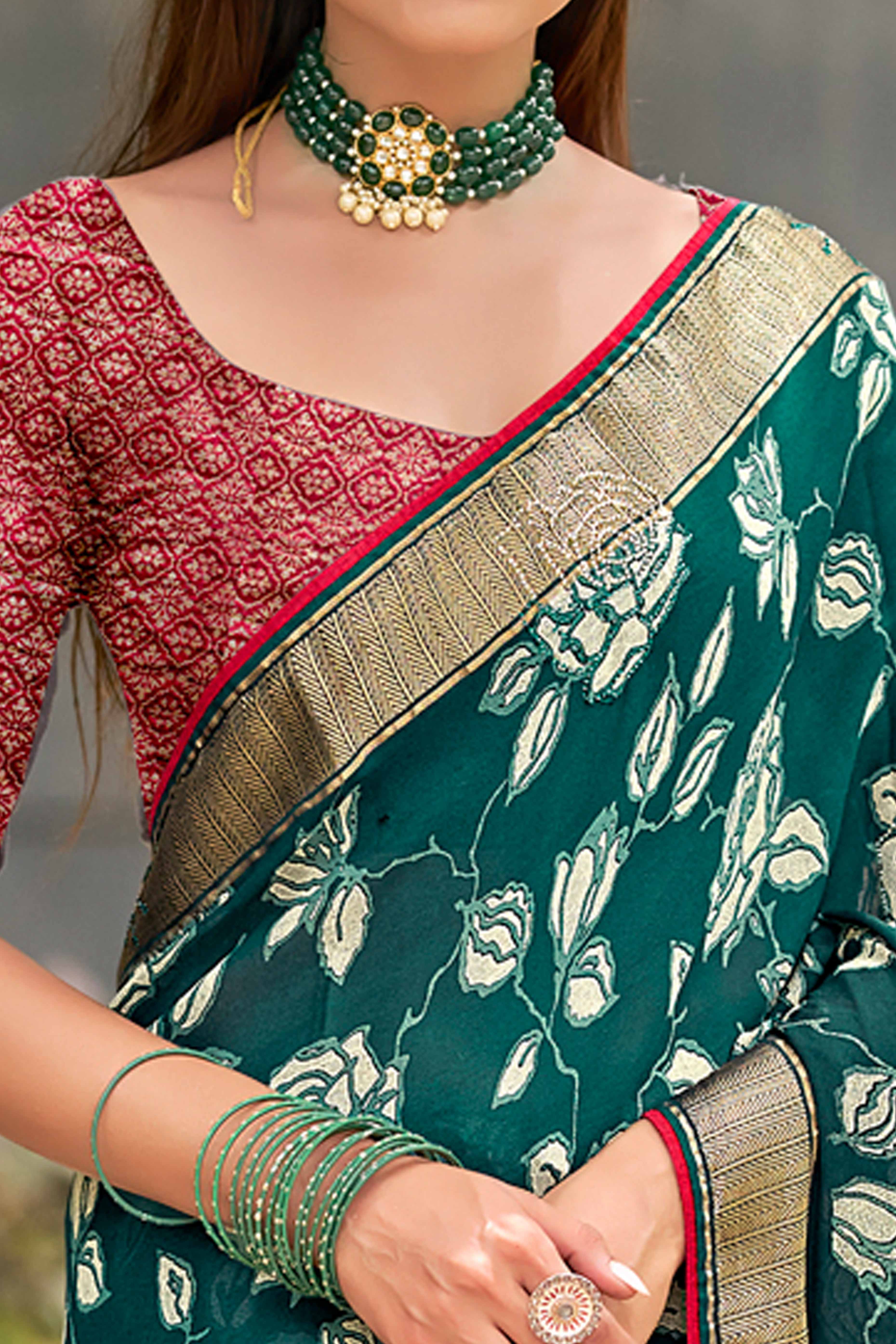 Morpich Green Moss Crepe Saree with Elegant Floral Prints - Image 2
