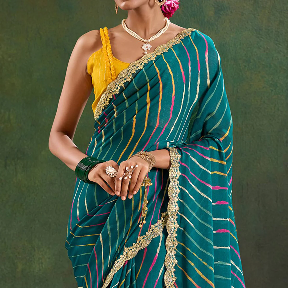 Morpich Green Printed Chiffon Saree With Sequins Border - Image 3