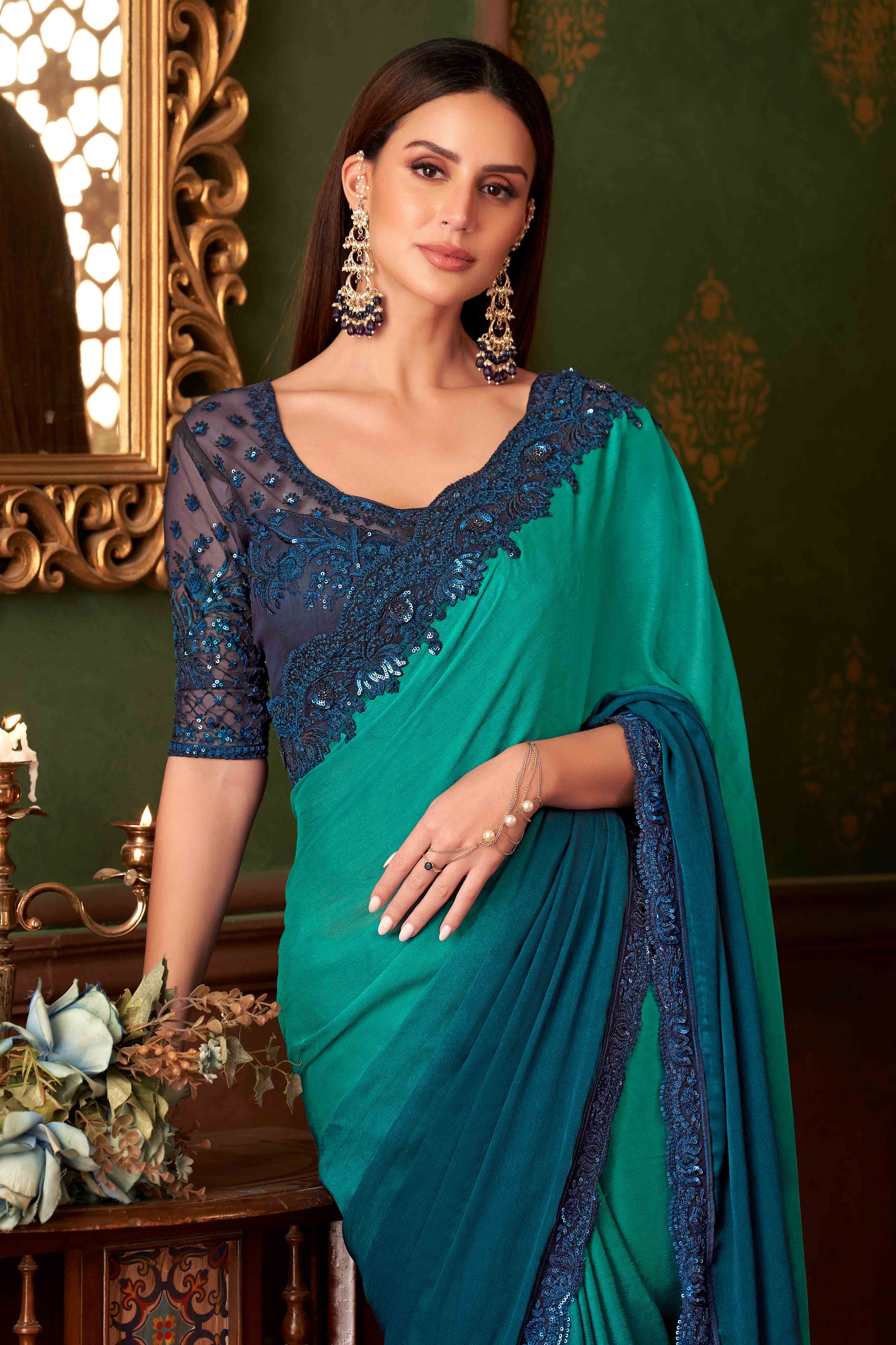 Morpich Green Sequins Embroidered Chiffon Saree - Image 3