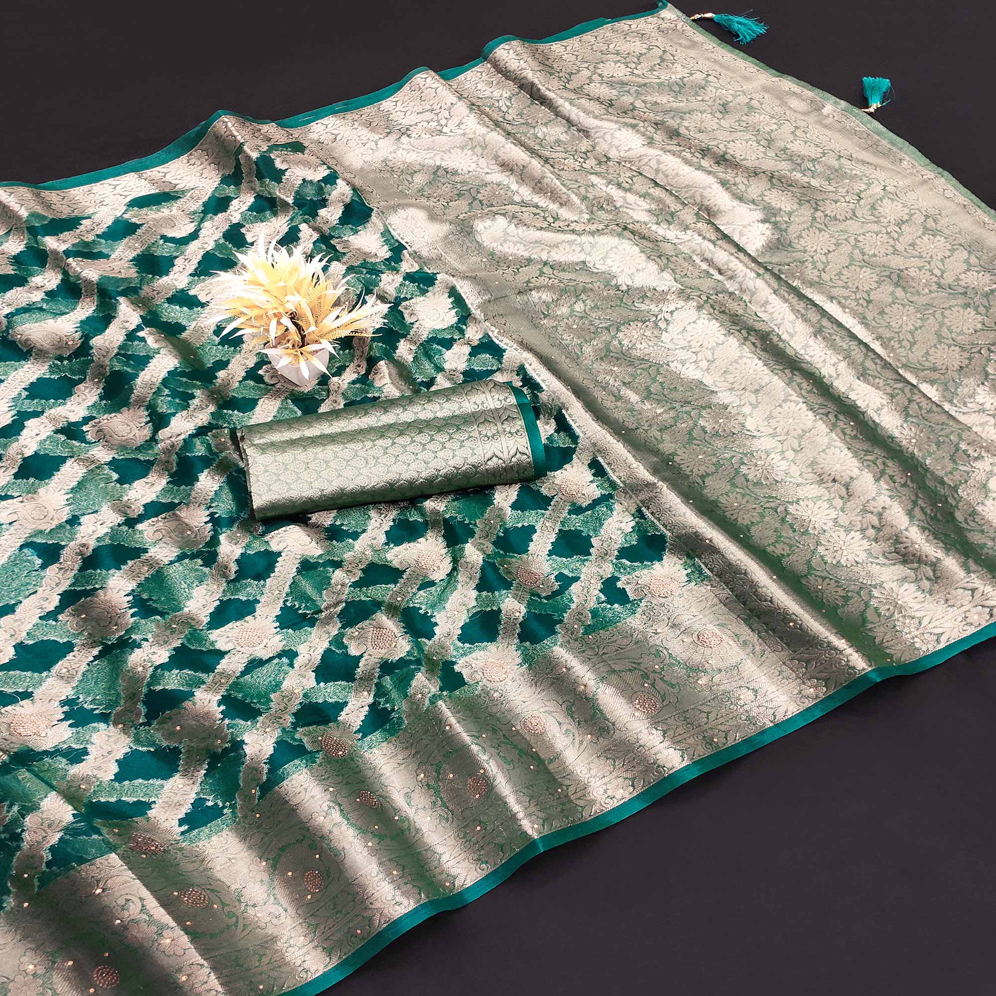 Morpich Green Stone Work Woven Organza Jacquard Saree - Image 3