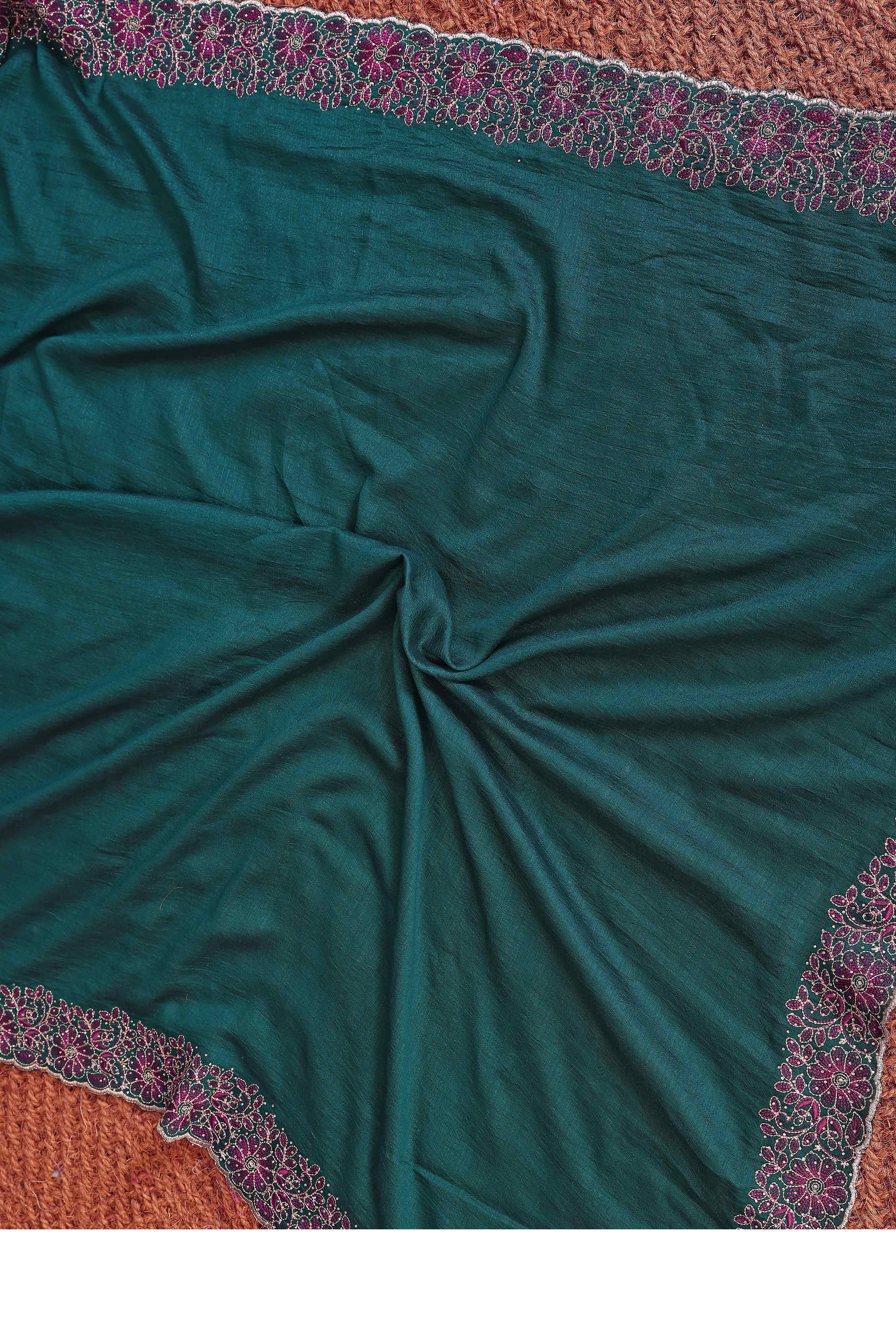 Morpich Green Thread Work Embroidered Vichitra Silk Saree Premium Partywear with Elegant Design - Image 8