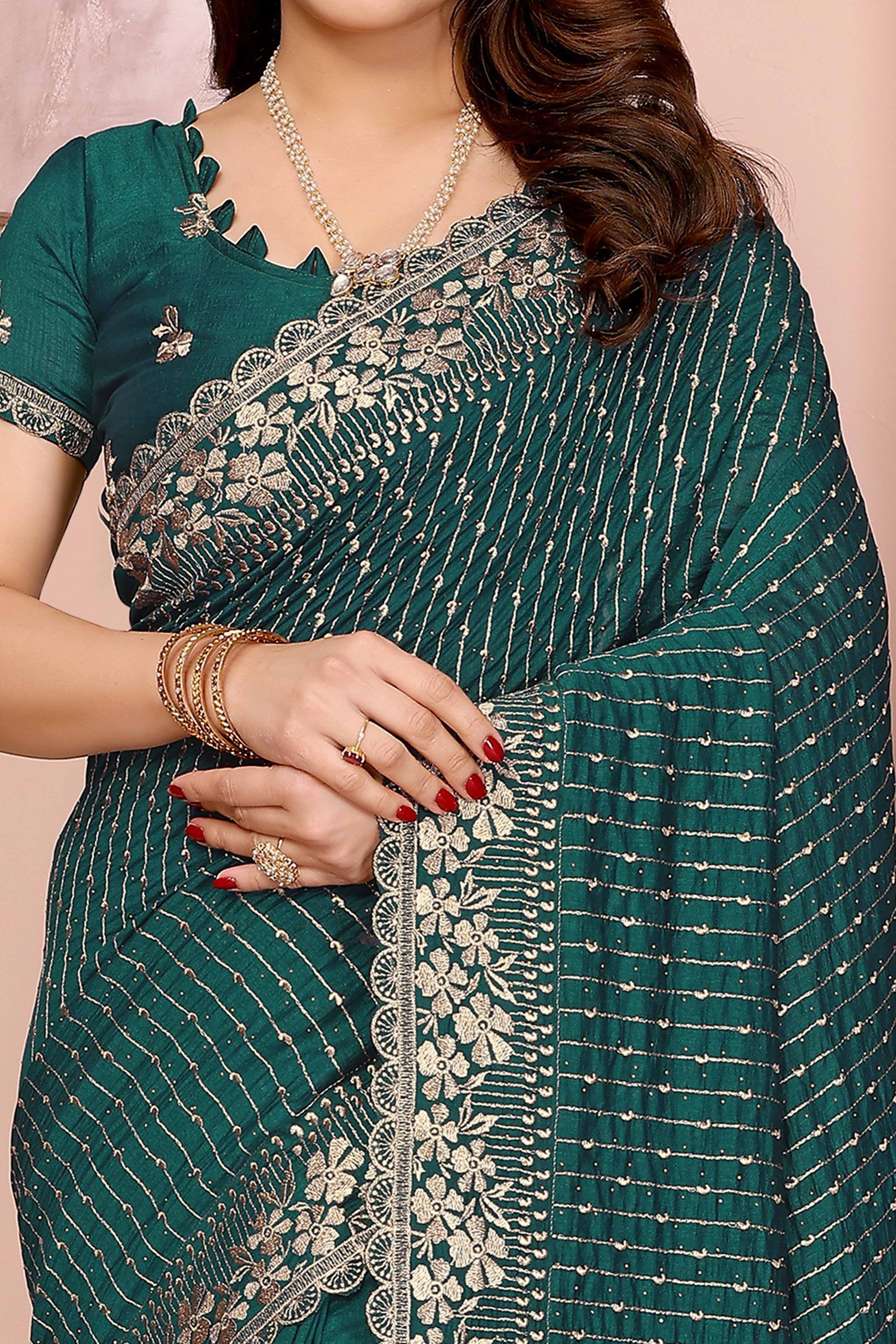 Morpich Green Vichitra Silk Saree with Heavy Embroidery and Sparkling Swarovski Work - Image 2