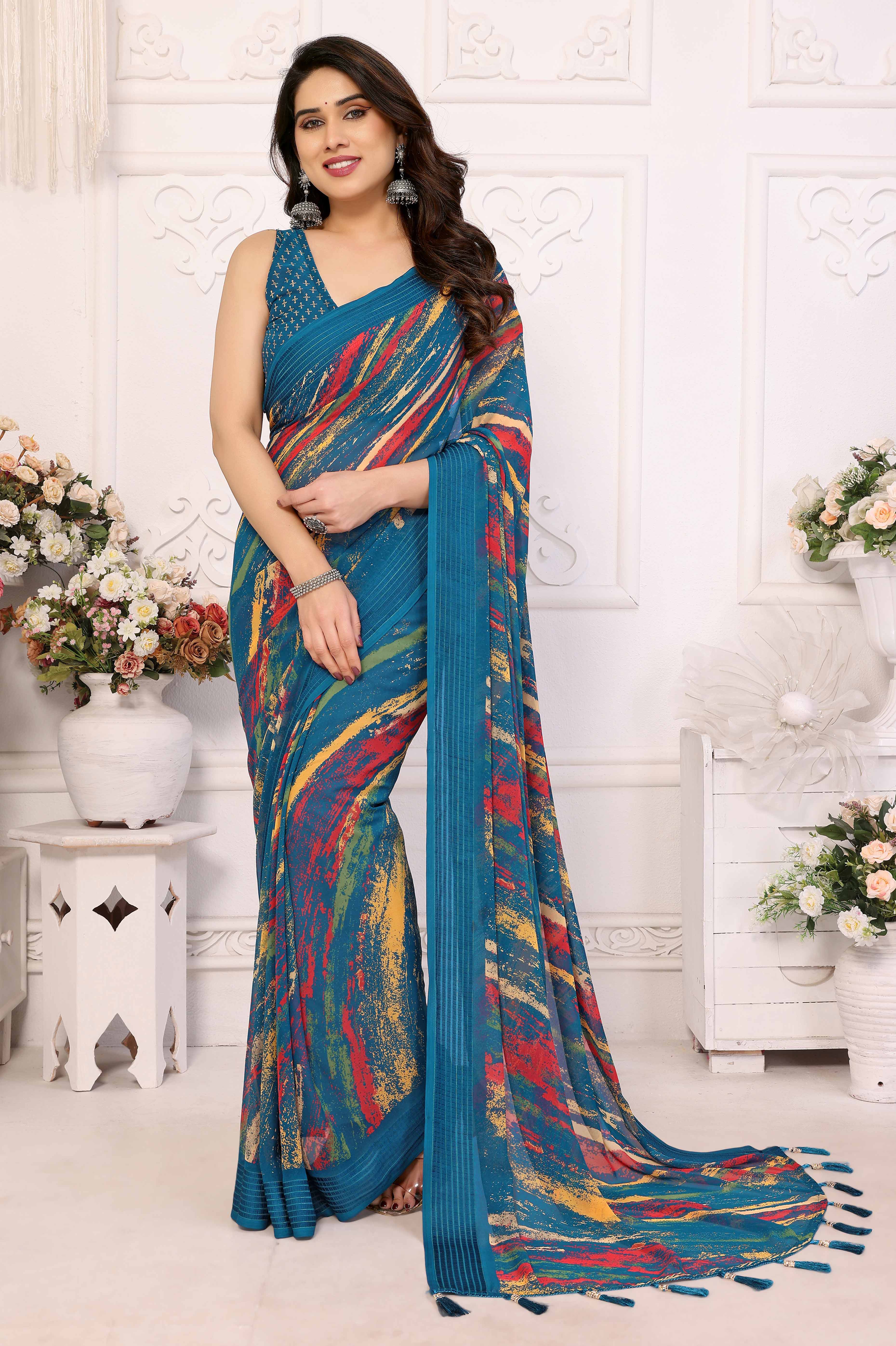 Morpich Printed Georgette Saree Saree With Tassels - Image 3