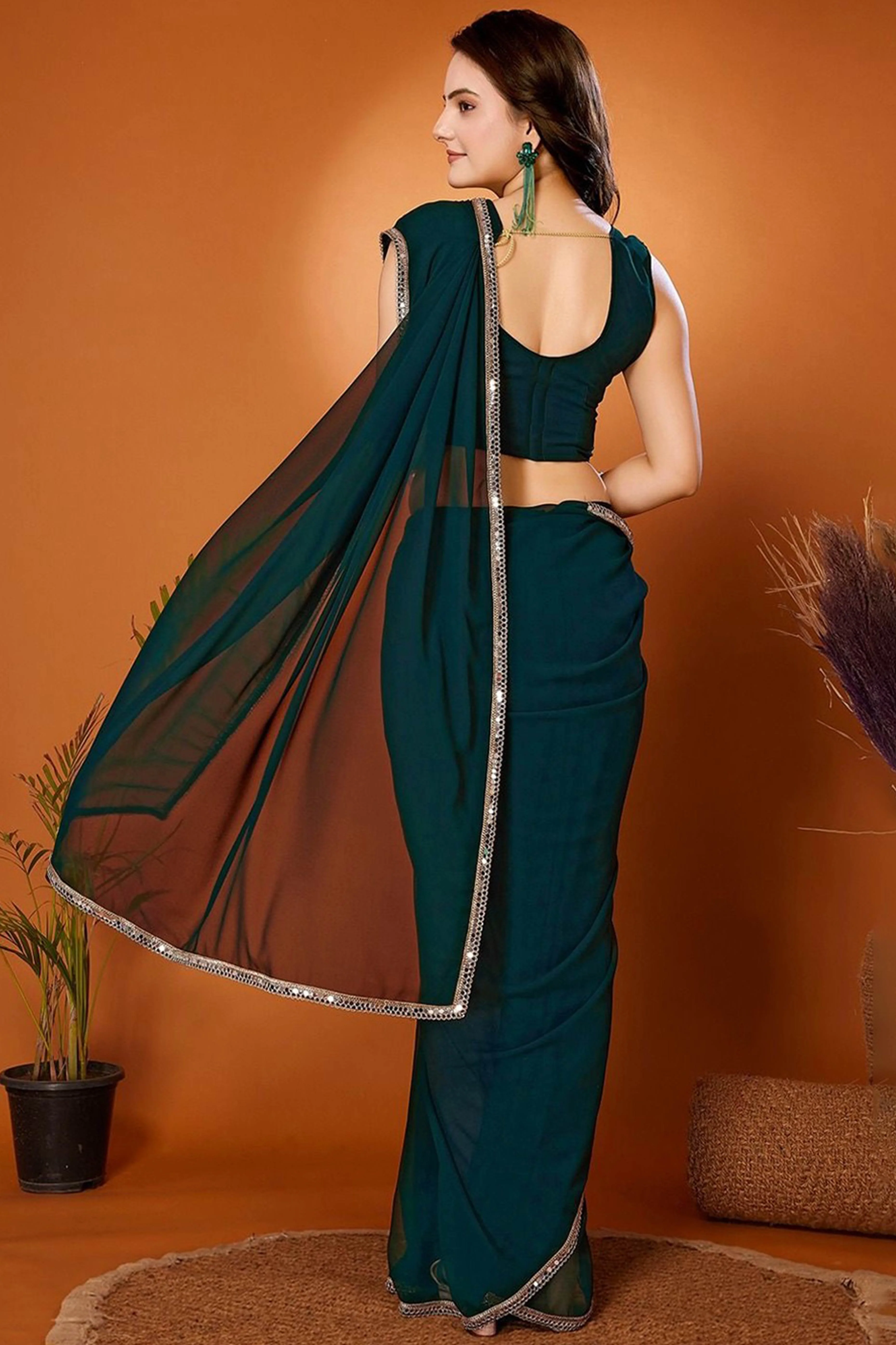 Morpich Solid Georgette Saree With Mirror Border - Image 3
