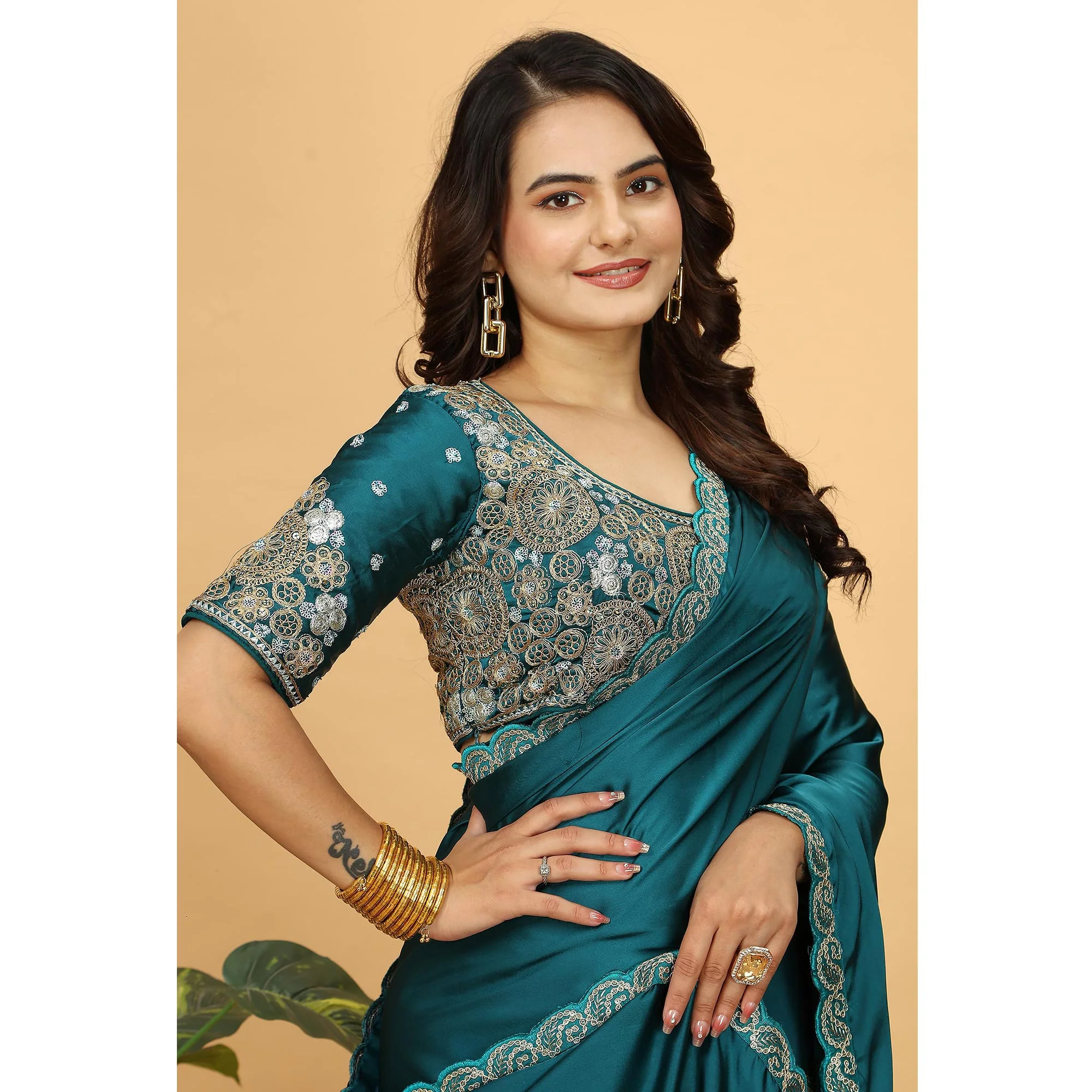 Morpich Solid Satin Saree With Sequins Embroidered Border - Image 4