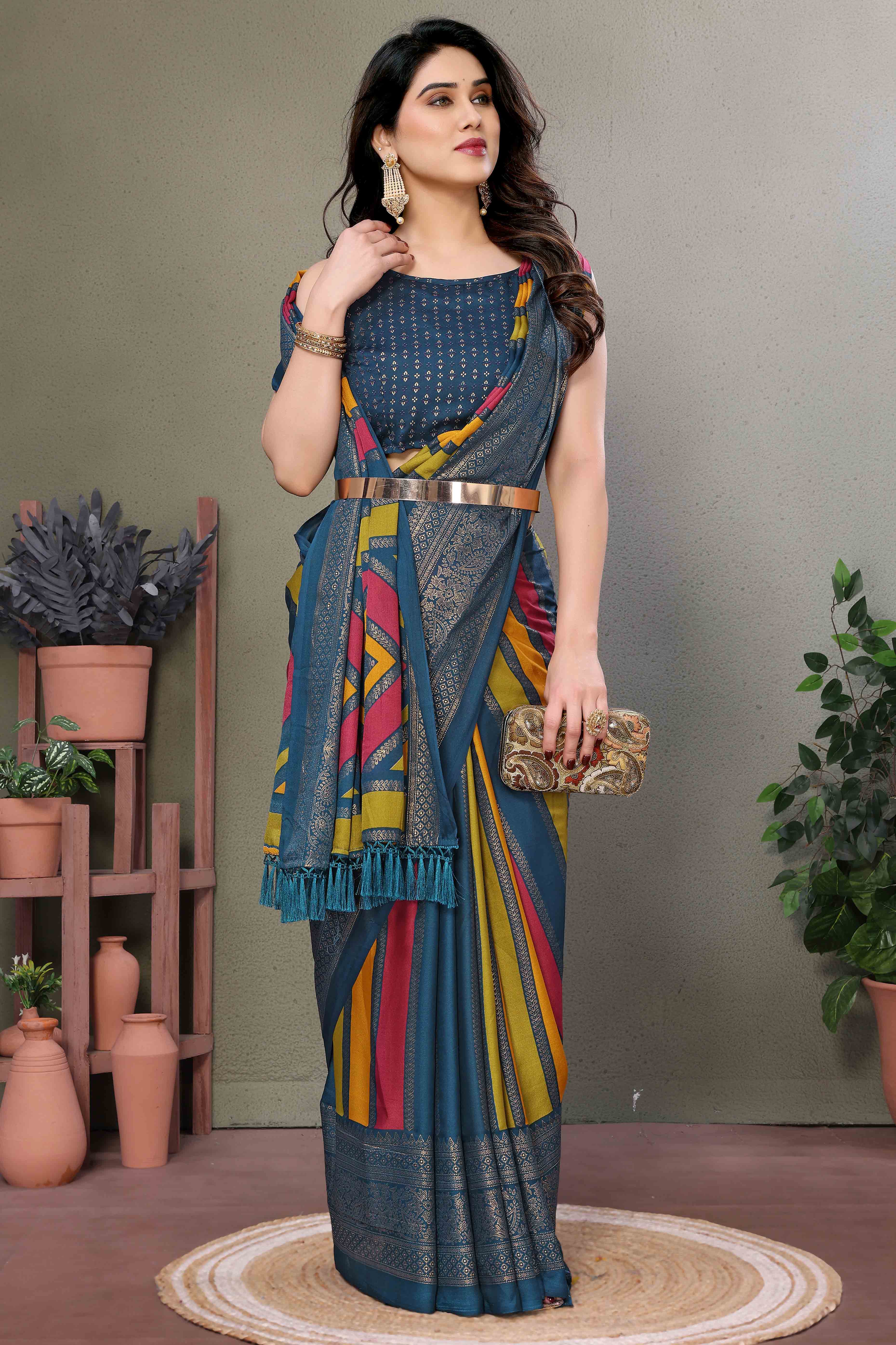 Morpich Striped Foil Printed Moss Satin Saree Saree With Tassels - Image 3