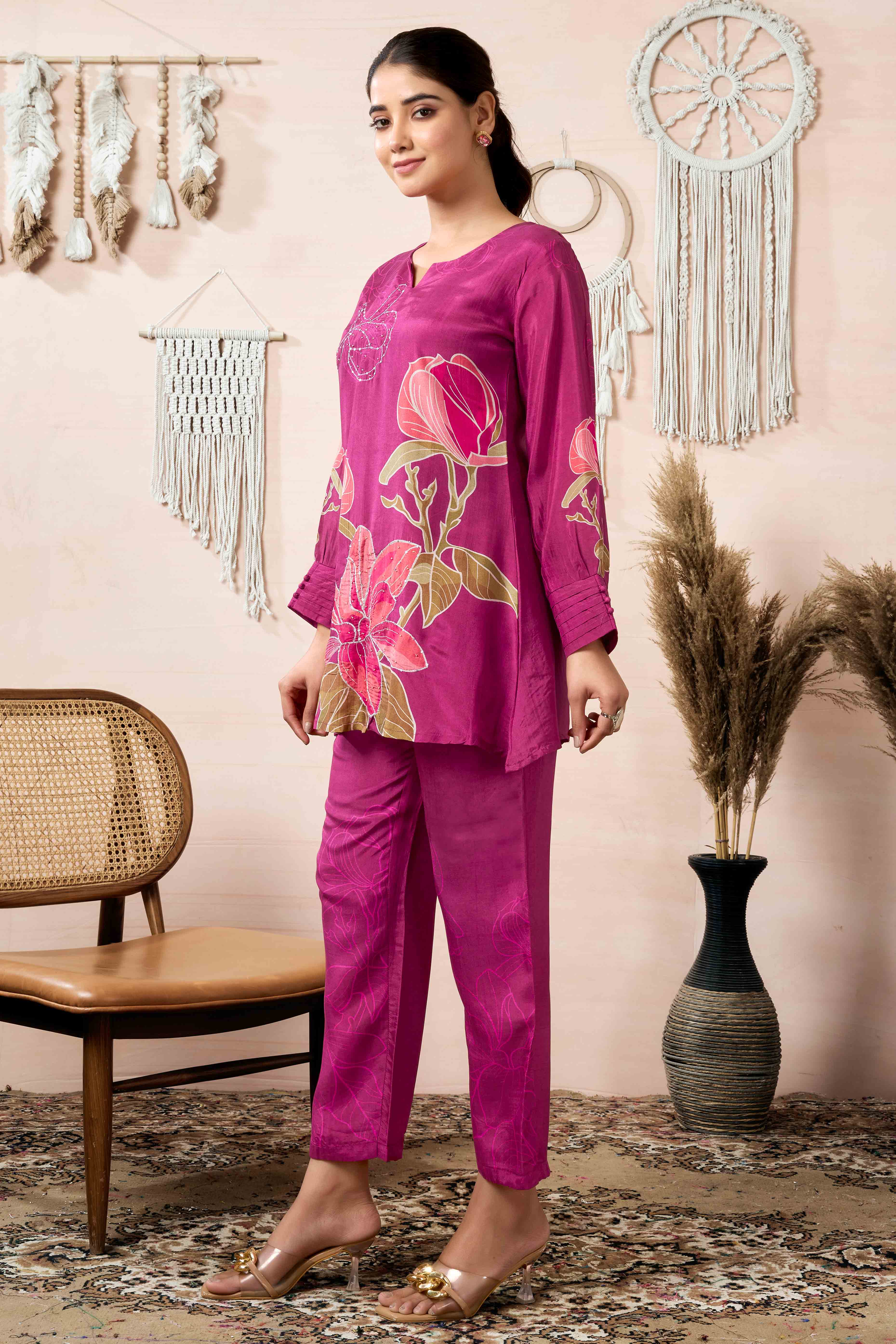 Mulberry Wine Beads Work Digital Printed Muslin Co-Ord Set - Image 3