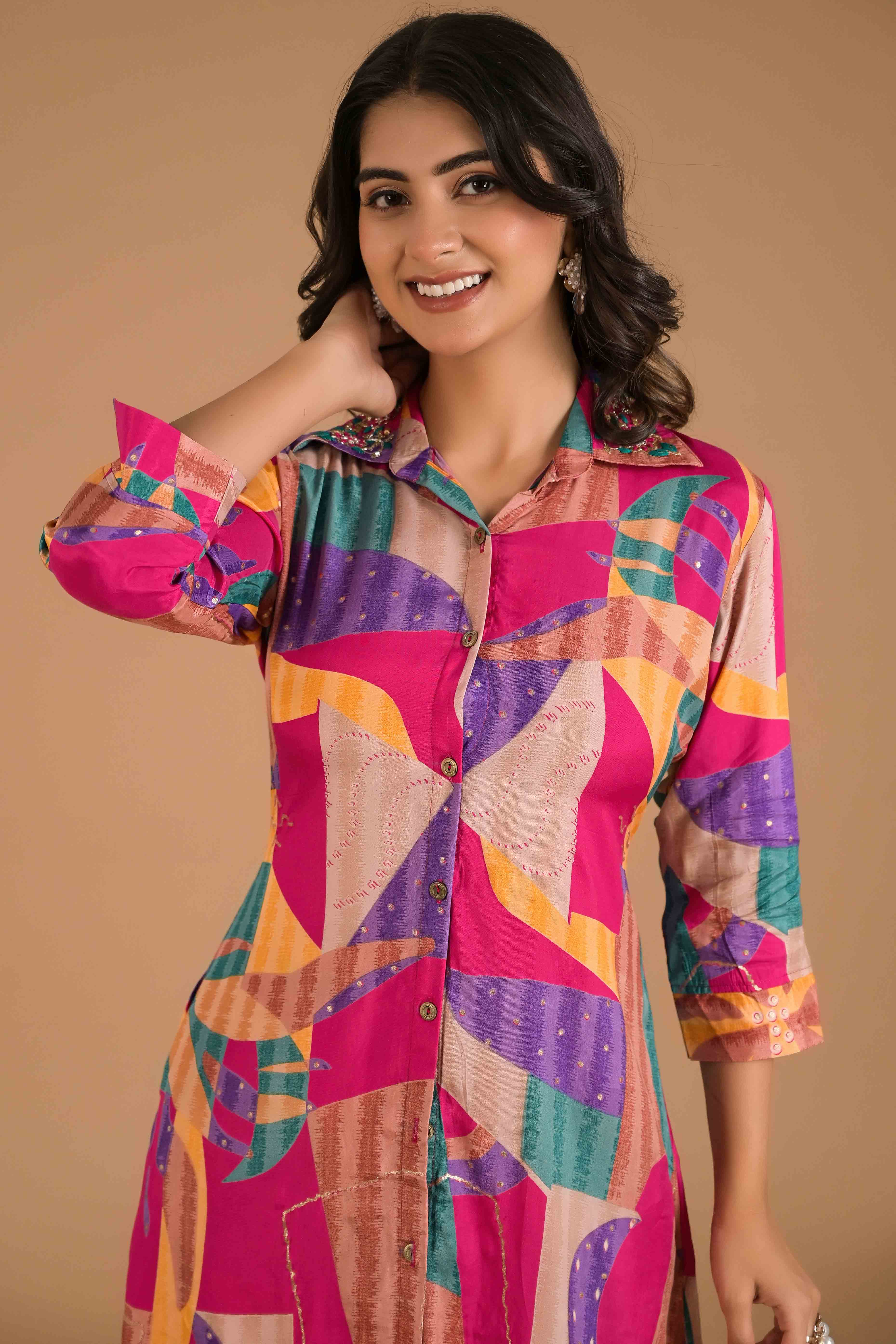 Multicolor Abstract Printed Muslin Co-Ord Set - Image 2