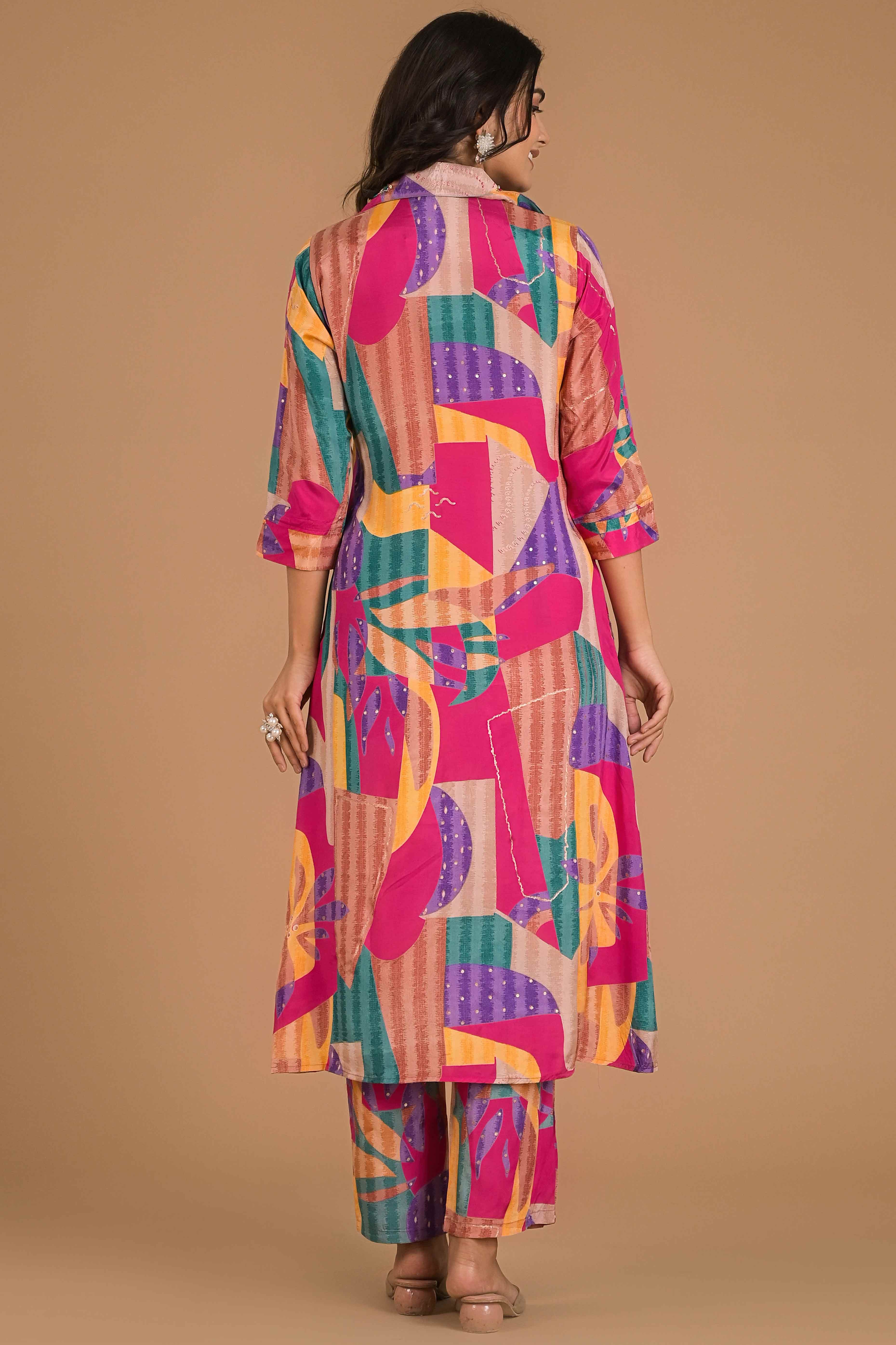 Multicolor Abstract Printed Muslin Co-Ord Set - Image 4