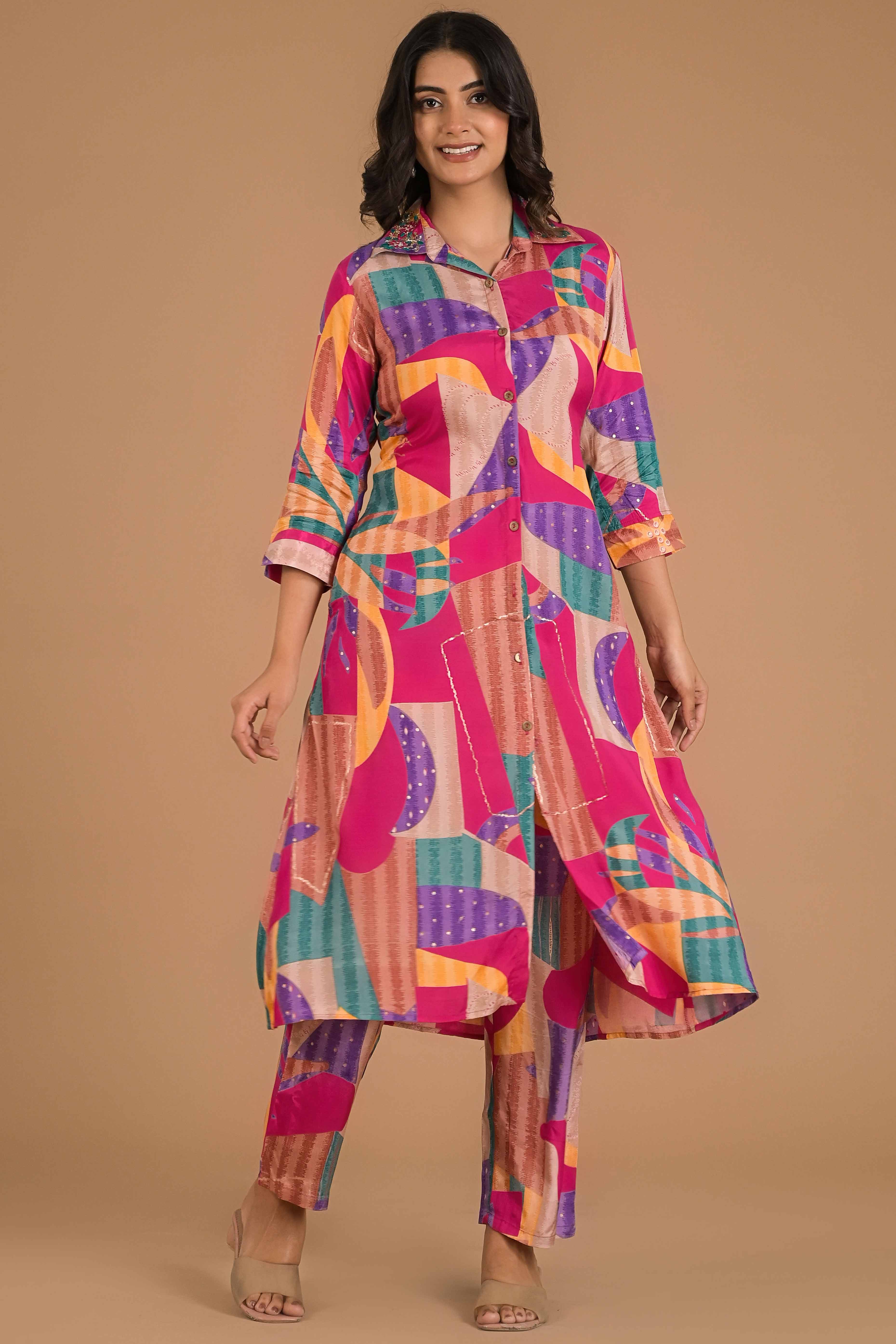 Multicolor Abstract Printed Muslin Co-Ord Set - Image 7