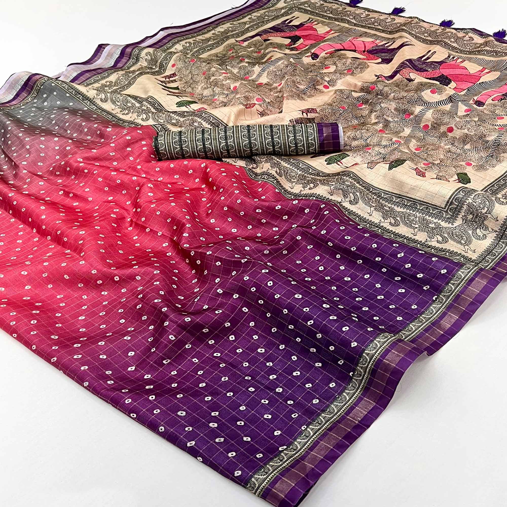 Multicolor Bandhani Print Saree in Elegant Maheshwari Cotton Silk - Image 3