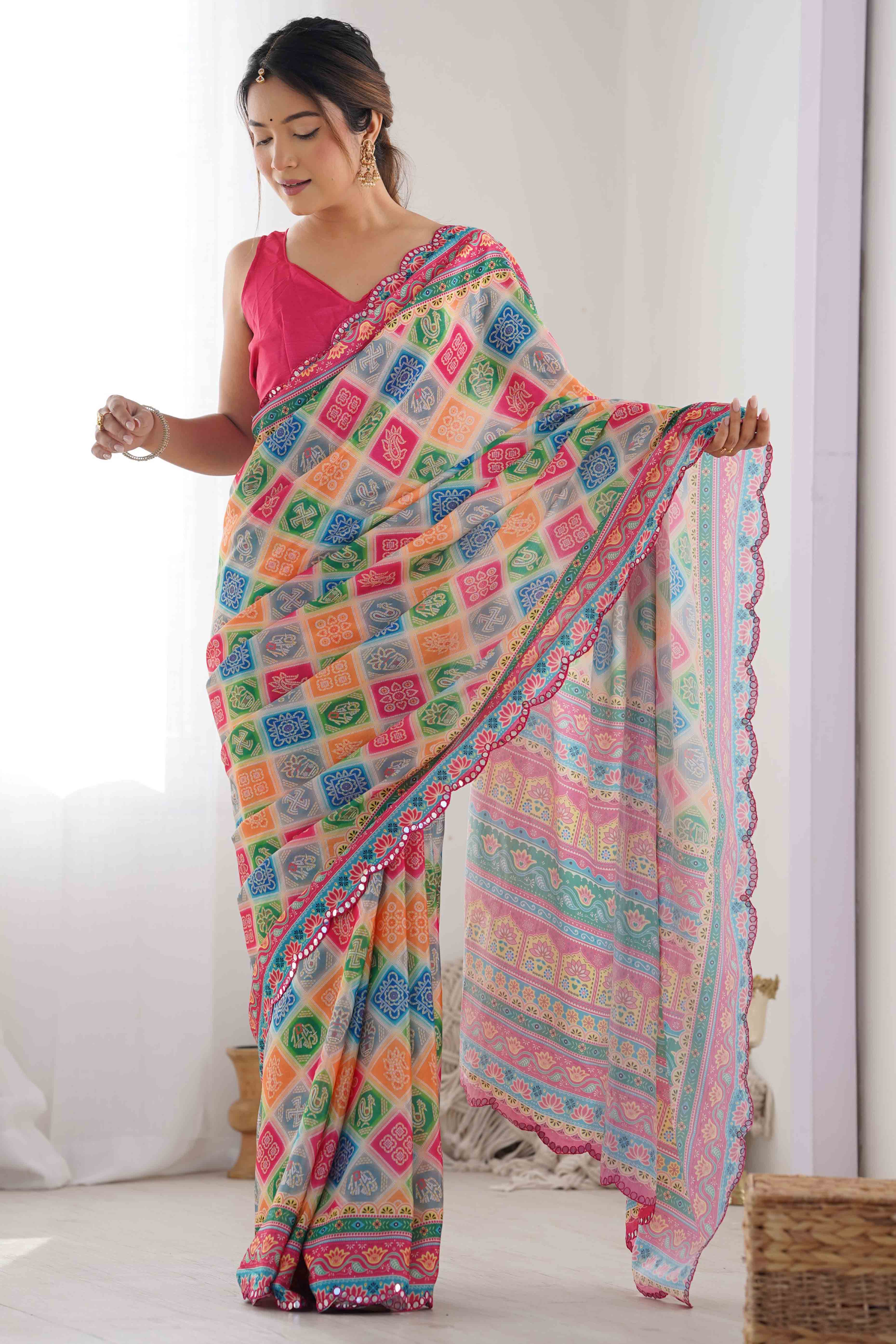 Multicolor Bandhani Printed Chinon Saree - Image 3