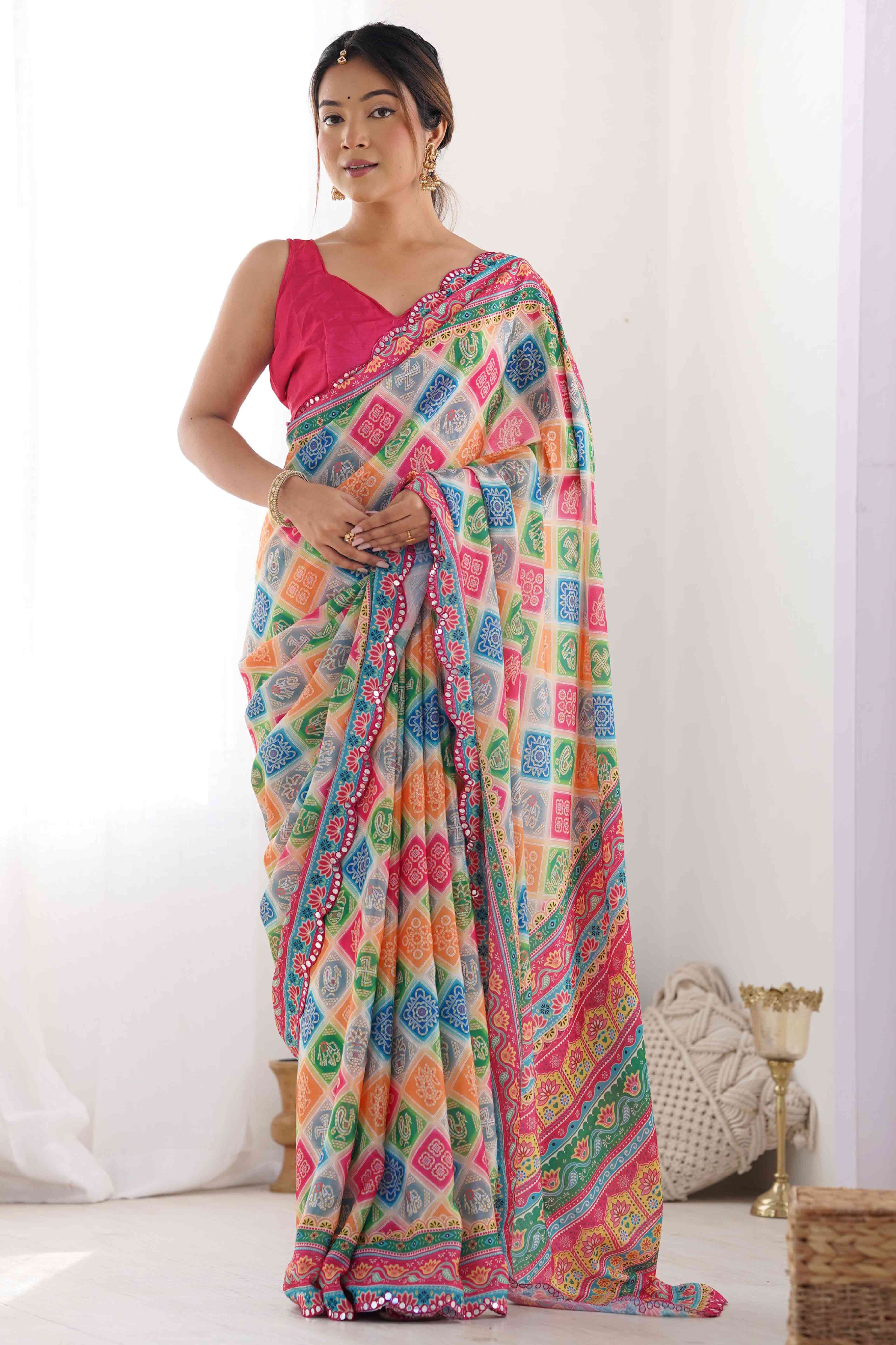 Multicolor Bandhani Printed Chinon Saree - Image 4