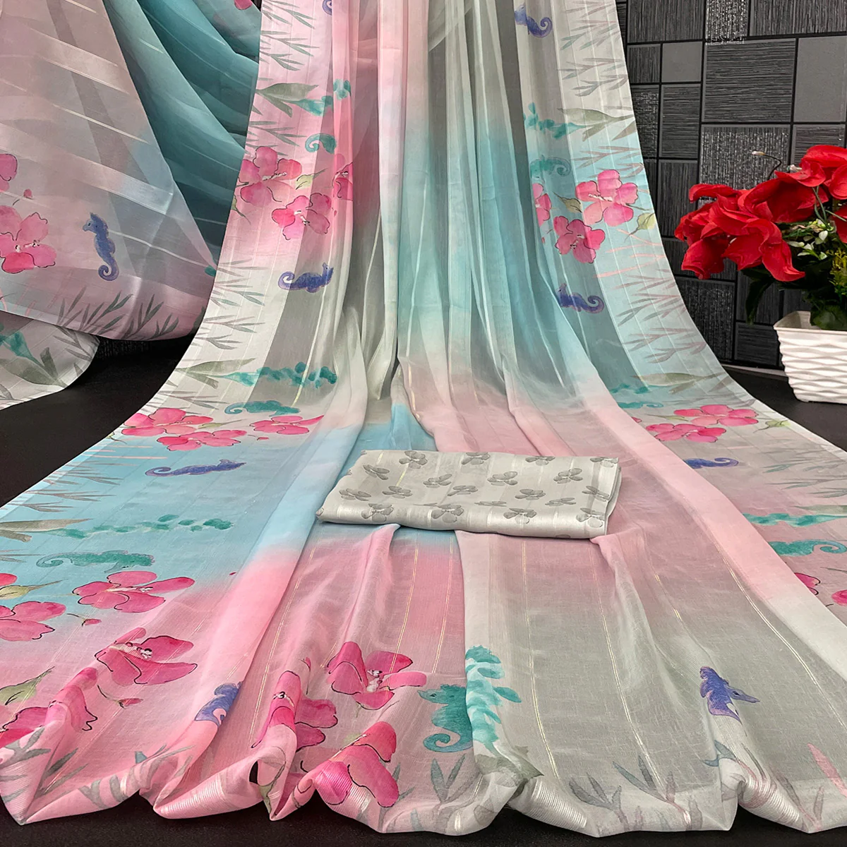 Multicolor Bloom Floral Digital Printed Georgette Saree Accentuated With Graceful Zari Stripes - Image 2