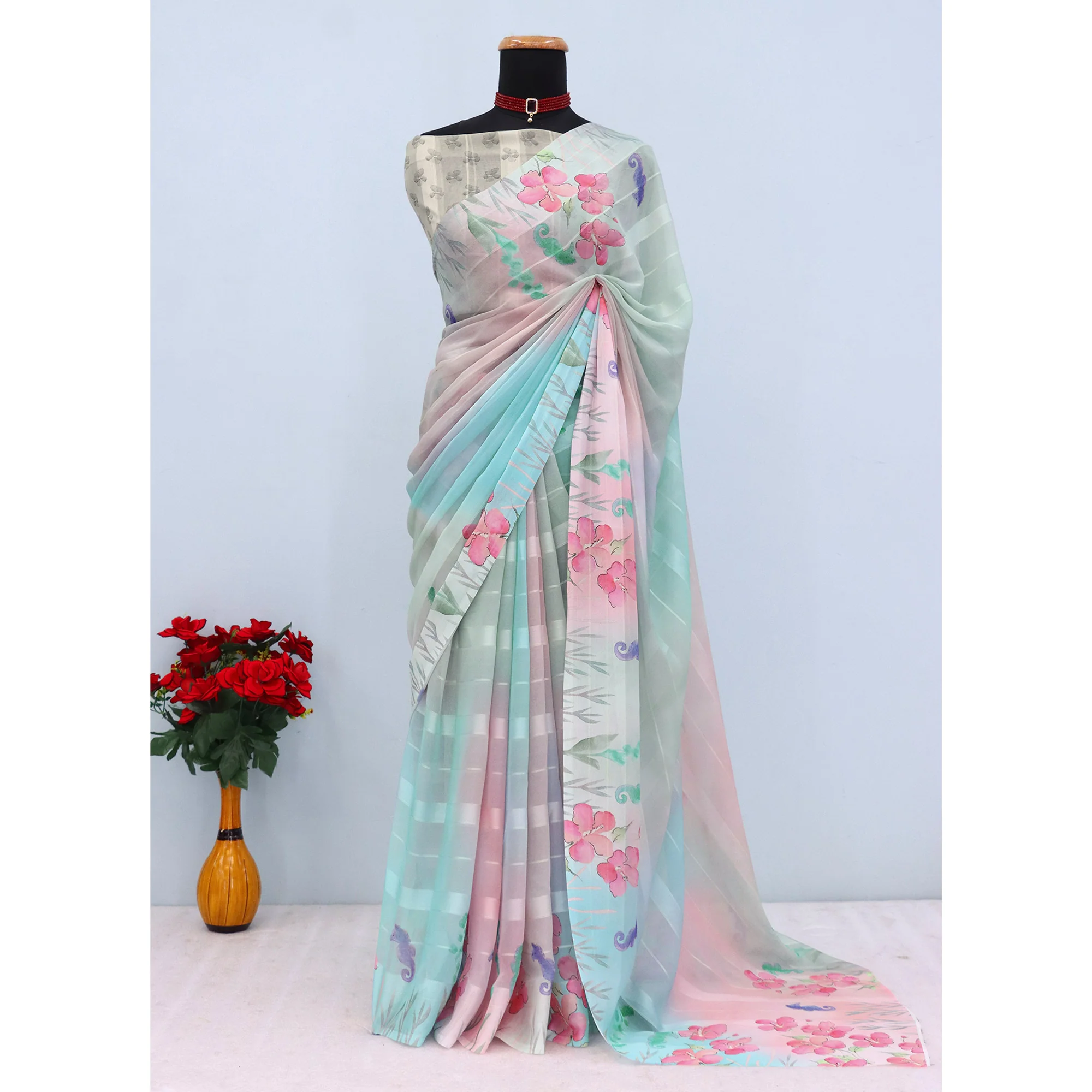 Multicolor Bloom Floral Digital Printed Georgette Saree Accentuated With Graceful Zari Stripes - Image 3