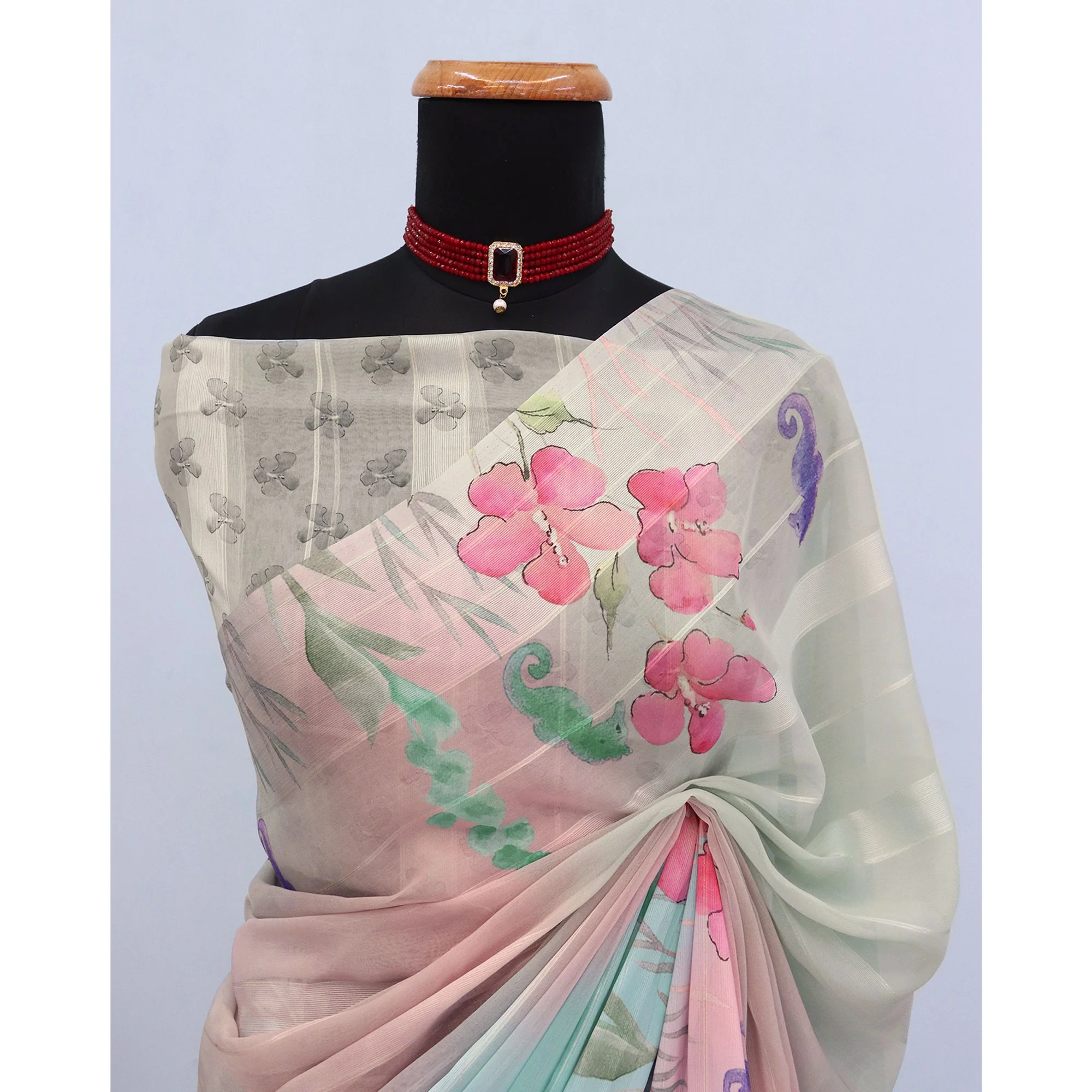 Multicolor Bloom Floral Digital Printed Georgette Saree Accentuated With Graceful Zari Stripes - Image 4