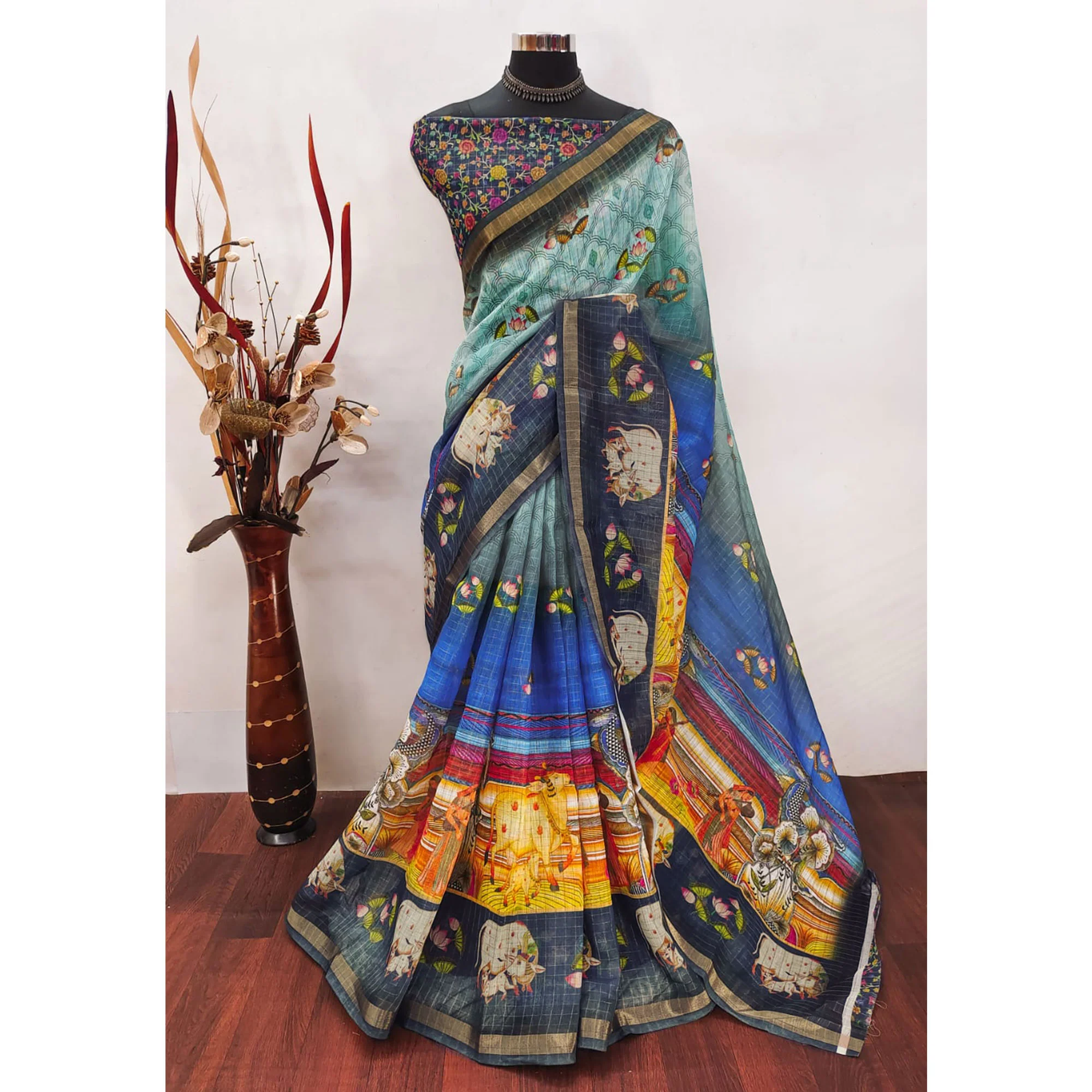 Multicolor Checks Zari Woven With Printed Linen Saree - Image 6